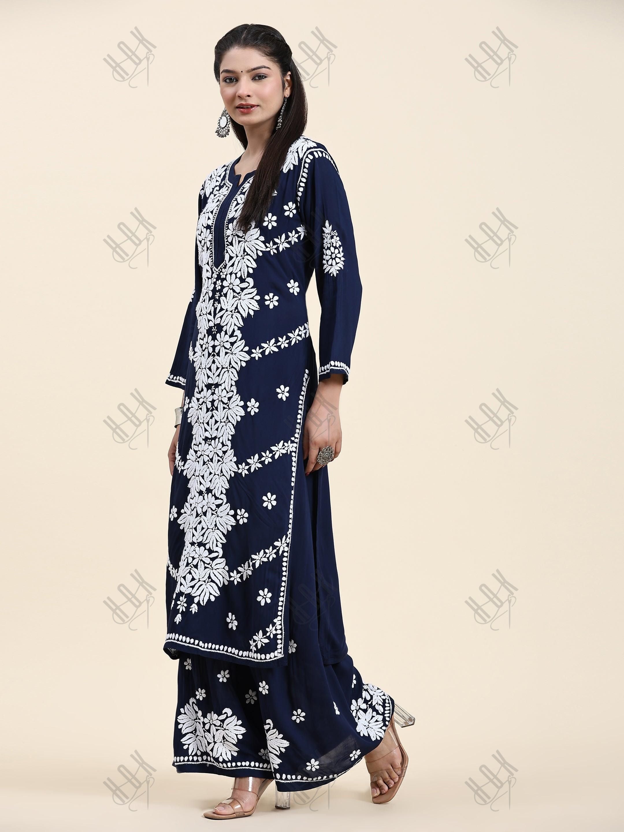 Samma Chikankari CO-ORD Set In Modal Cotton for Women In Blue - House Of Kari (Chikankari Clothing)