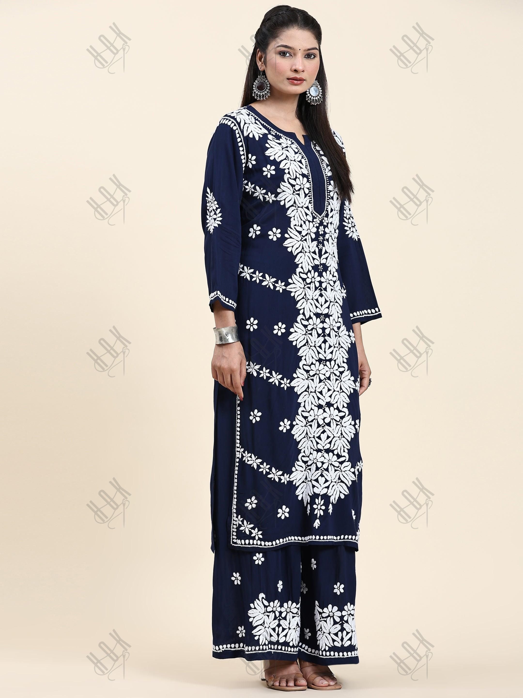 Samma Chikankari CO-ORD Set In Modal Cotton for Women In Blue - House Of Kari (Chikankari Clothing)