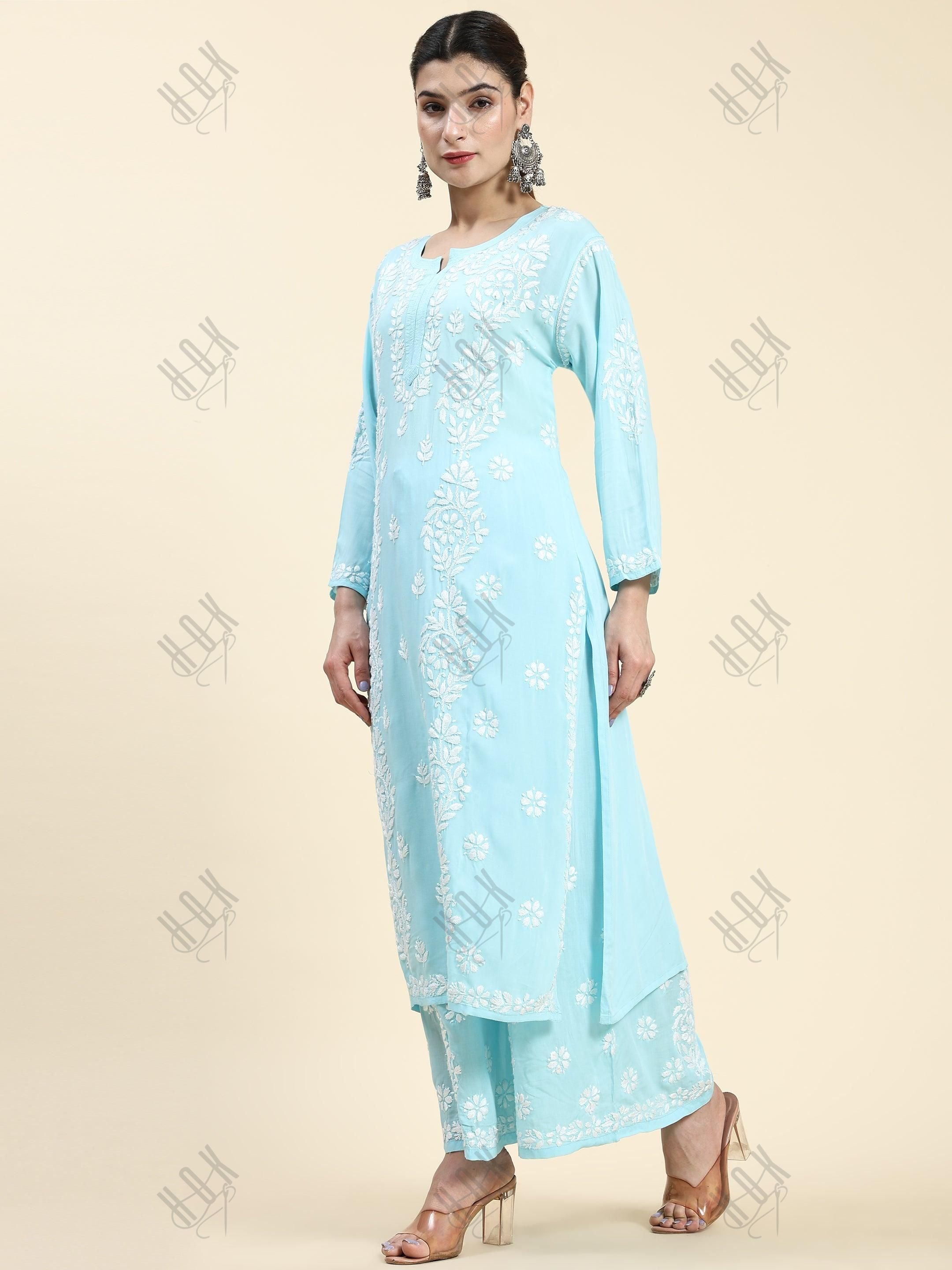 Samma Chikankari CO-ORD Set In Modal Cotton for Women In Light Blue - House Of Kari (Chikankari Clothing)