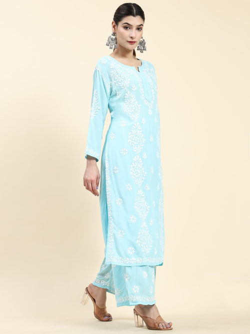 Samma Chikankari CO-ORD Set In Modal Cotton for Women In Light Blue - House Of Kari (Chikankari Clothing)