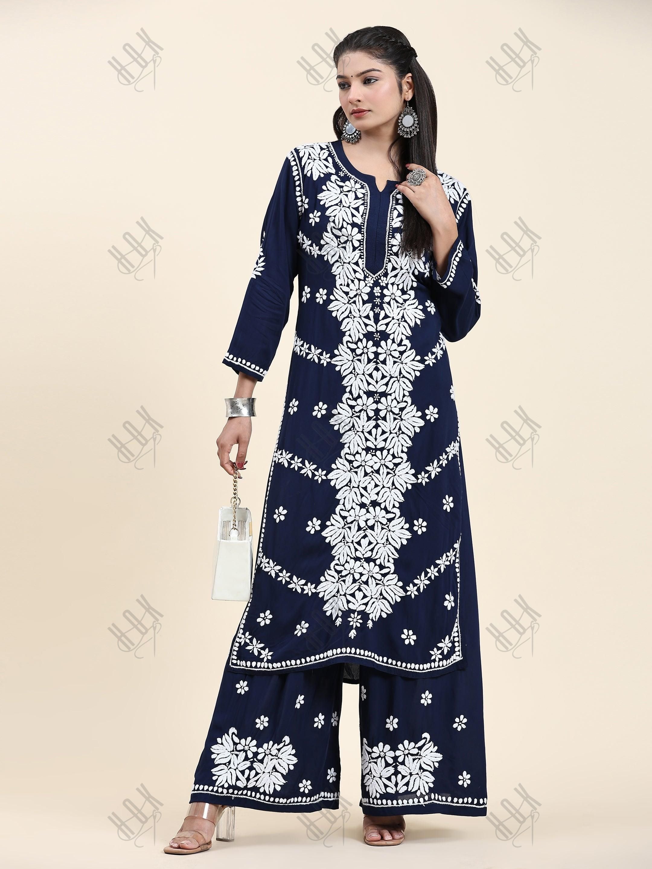 Samma Chikankari CO-ORD Set In Modal Cotton for Women In Blue - House Of Kari (Chikankari Clothing)