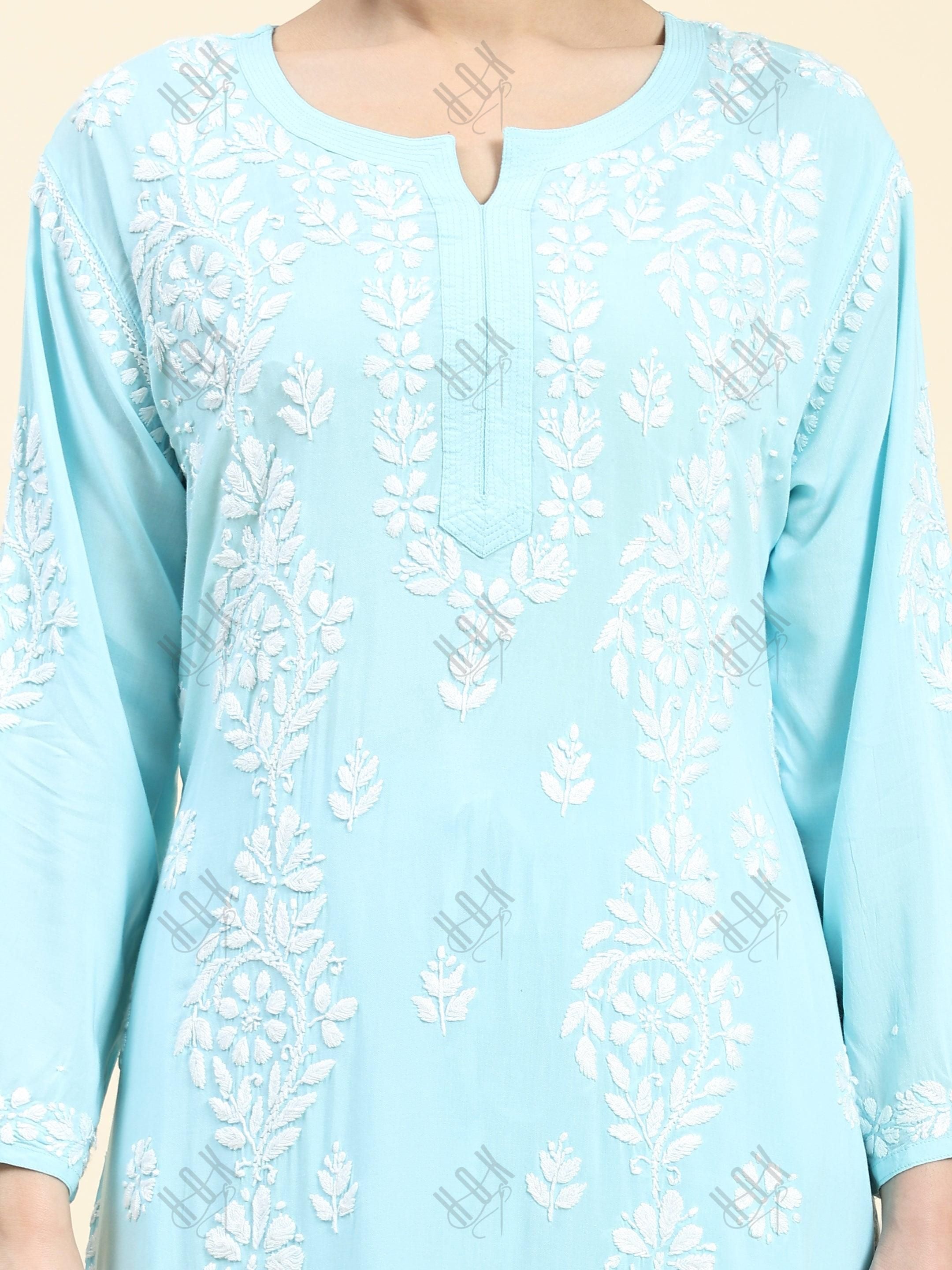 Samma Chikankari CO-ORD Set In Modal Cotton for Women In Light Blue - House Of Kari (Chikankari Clothing)