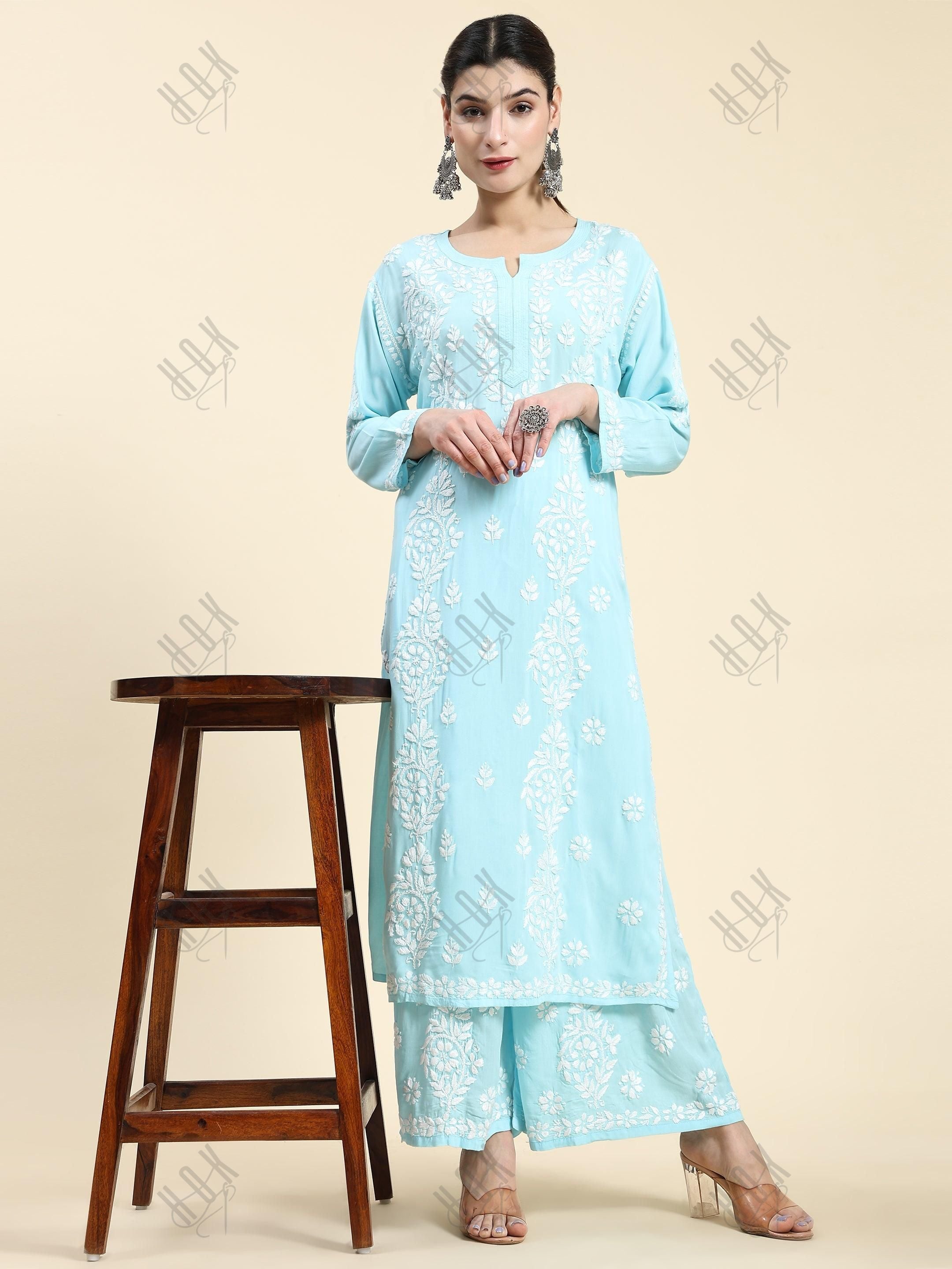 Samma Chikankari CO-ORD Set In Modal Cotton for Women In Light Blue - House Of Kari (Chikankari Clothing)