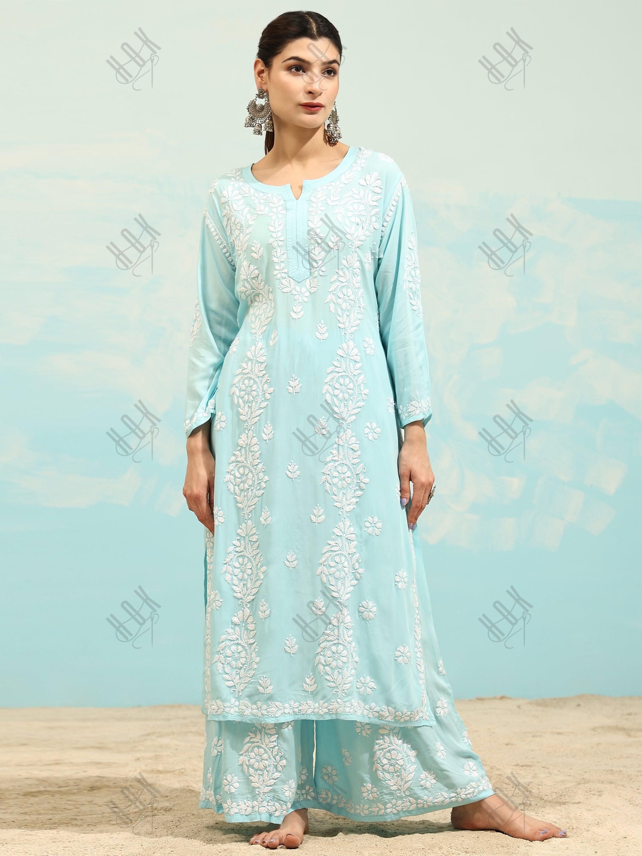 Samma Chikankari CO-ORD Set In Modal Cotton for Women In Light Blue - House Of Kari (Chikankari Clothing)