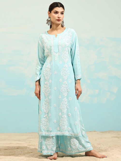 Samma Chikankari CO-ORD Set In Modal Cotton for Women In Light Blue - House Of Kari (Chikankari Clothing)