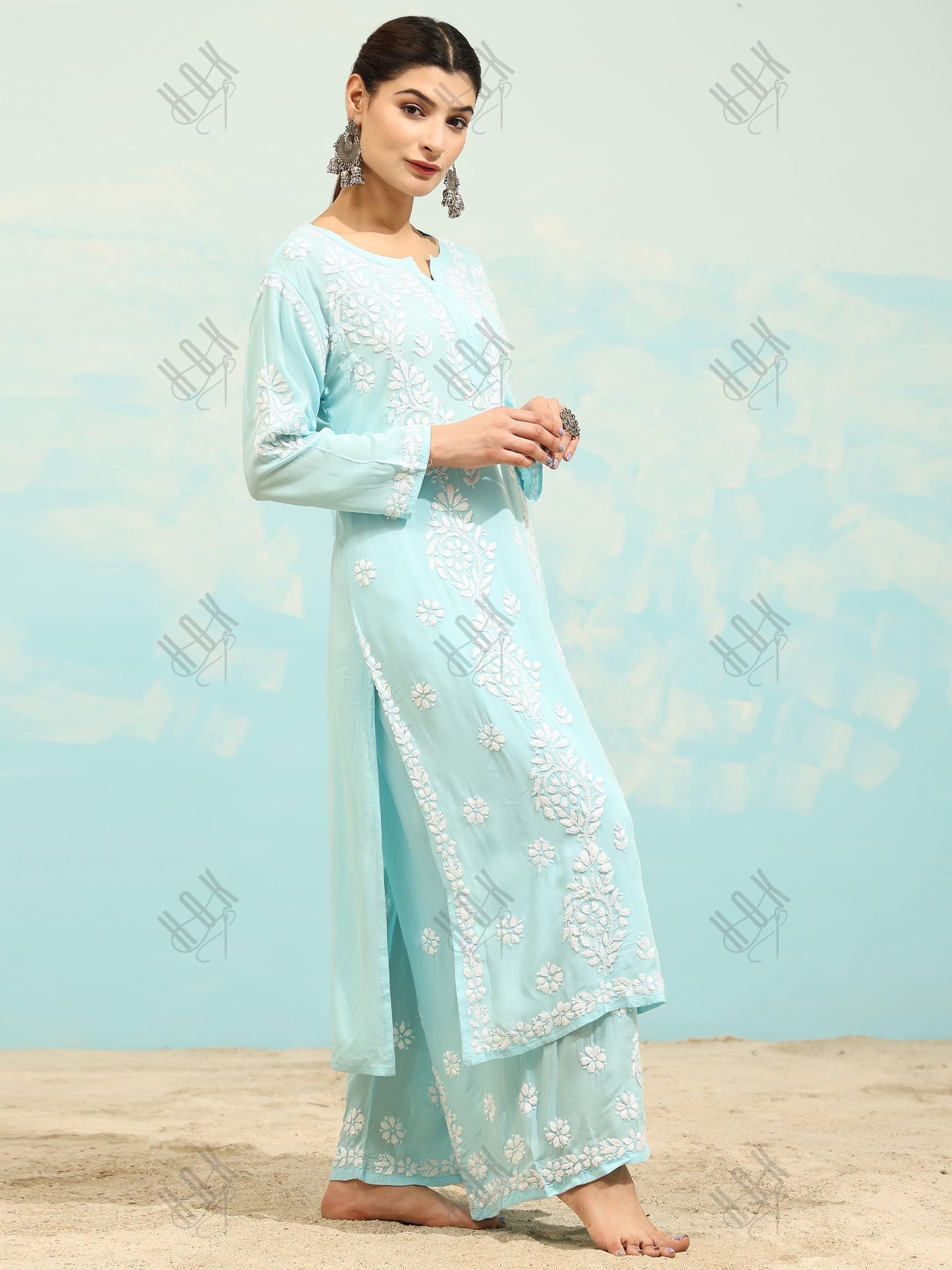 Samma Chikankari CO-ORD Set In Modal Cotton for Women In Light Blue - House Of Kari (Chikankari Clothing)