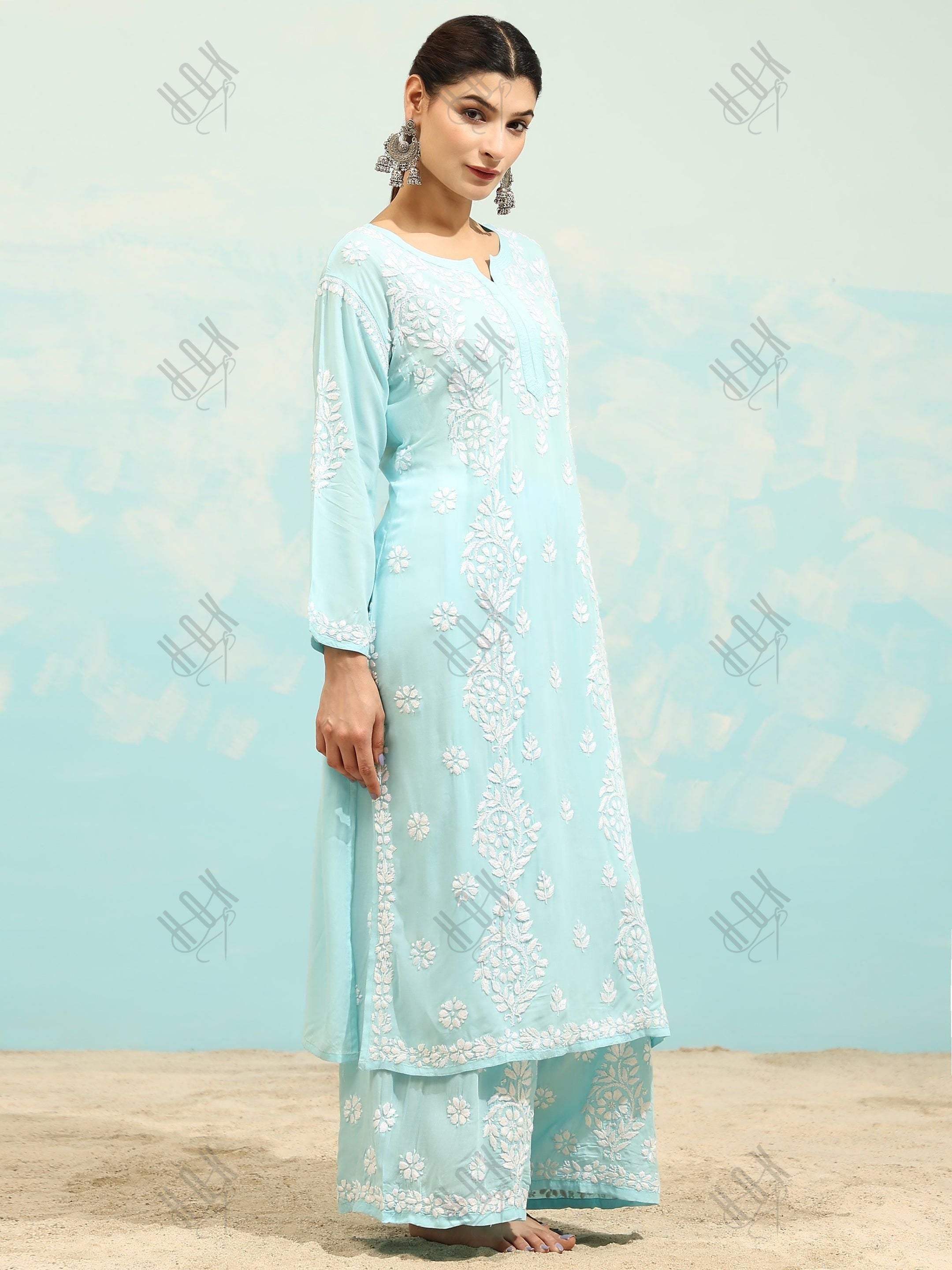 Muskaan in Chikankari CO-ORD Set In Modal Cotton for Women In Light Blue - House Of Kari (Chikankari Clothing)