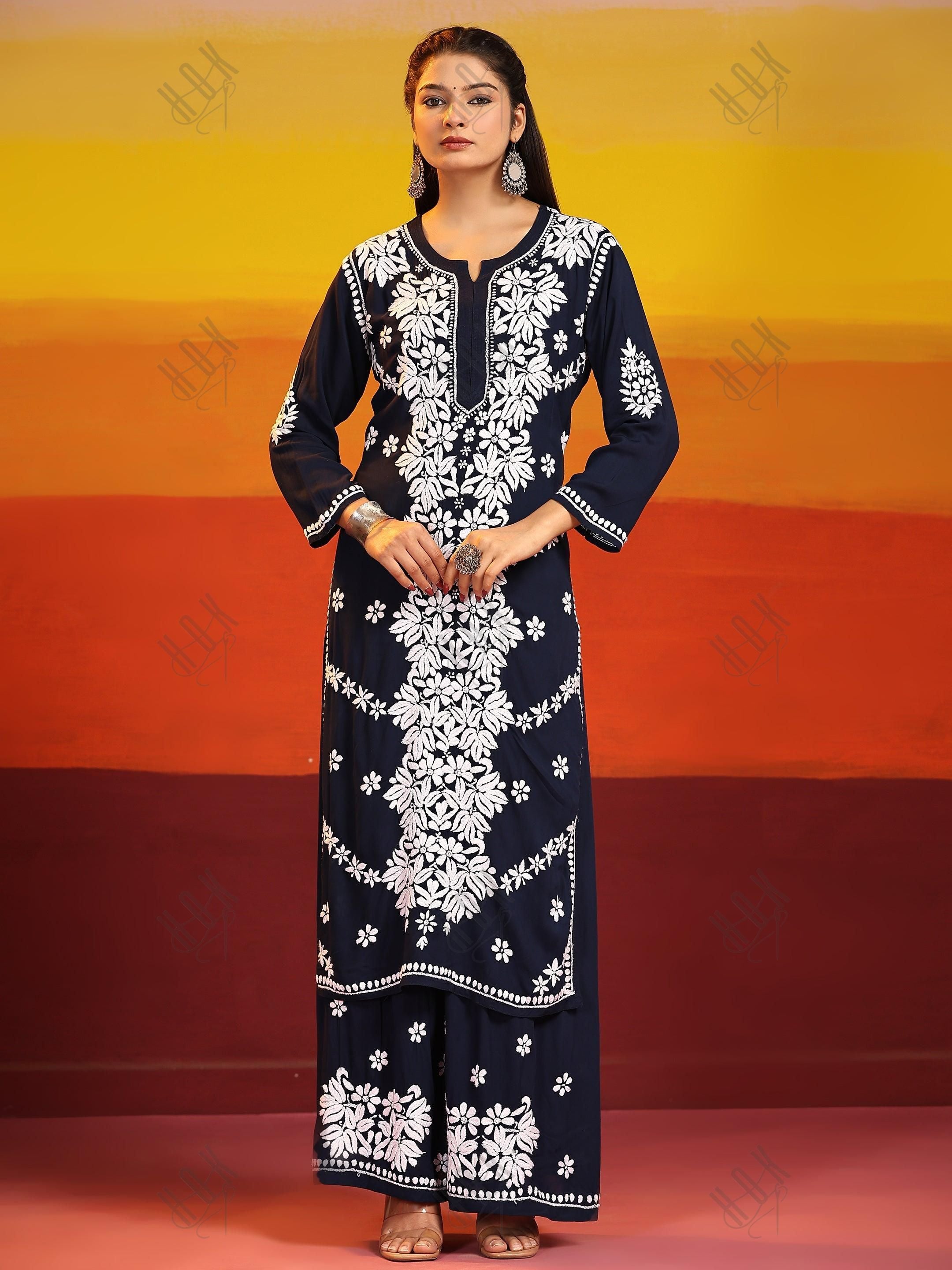 Samma Chikankari CO-ORD Set In Modal Cotton for Women In Blue - House Of Kari (Chikankari Clothing)