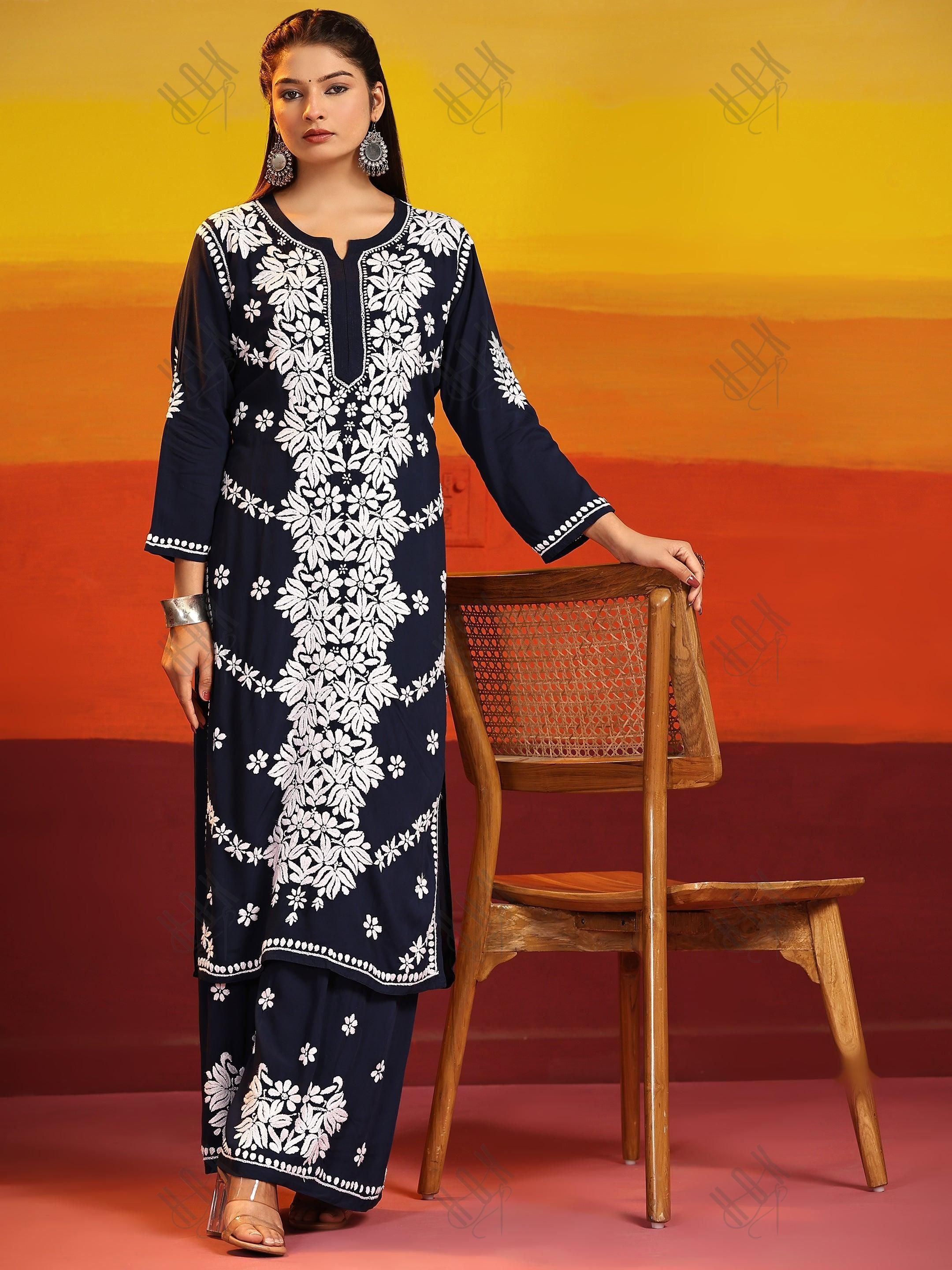 Samma Chikankari CO-ORD Set In Modal Cotton for Women In Blue - House Of Kari (Chikankari Clothing)