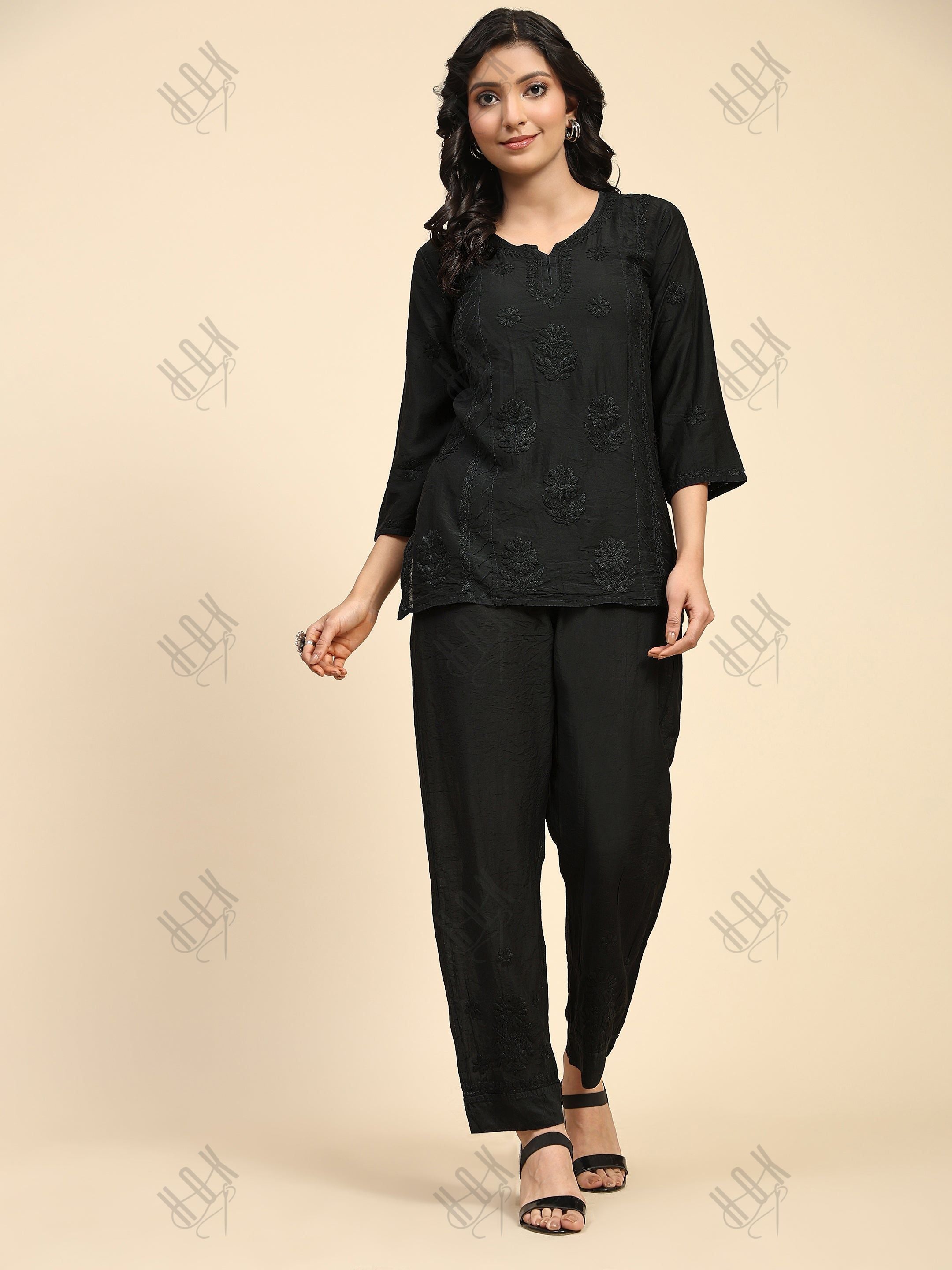 Saba Chikankari Chanderi Silk Kurta Set for Women - Black