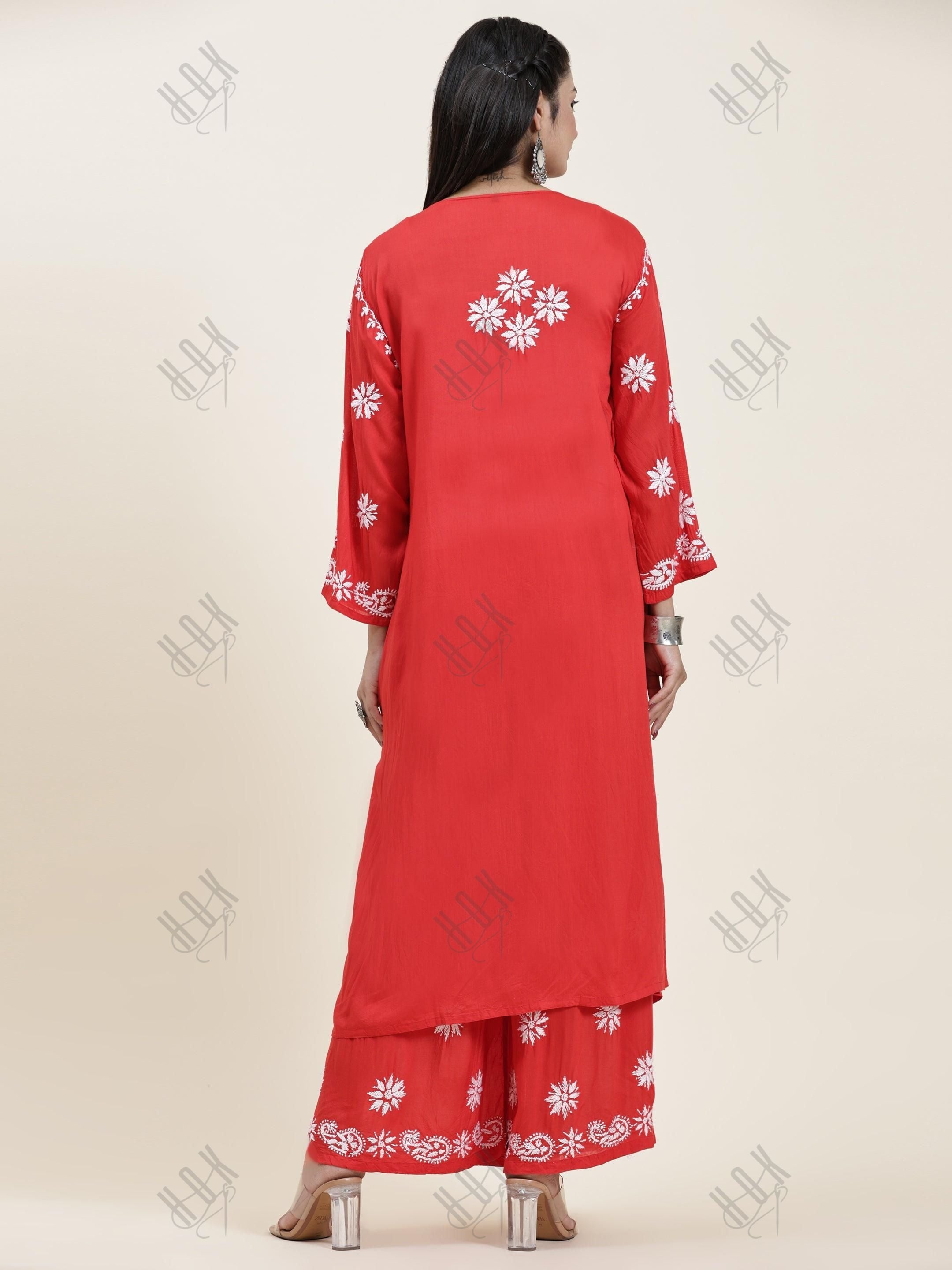 Samma Chikankari CO-ORD Set In Modal Cotton for Women In RED - House Of Kari (Chikankari Clothing)