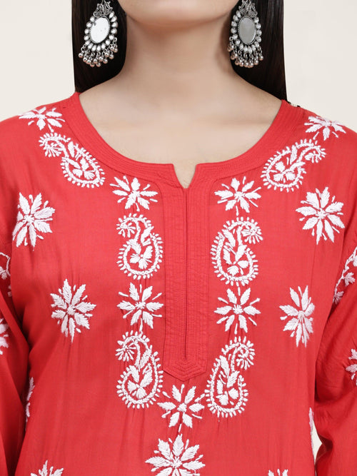 Samma Chikankari CO-ORD Set In Modal Cotton for Women In RED - House Of Kari (Chikankari Clothing)
