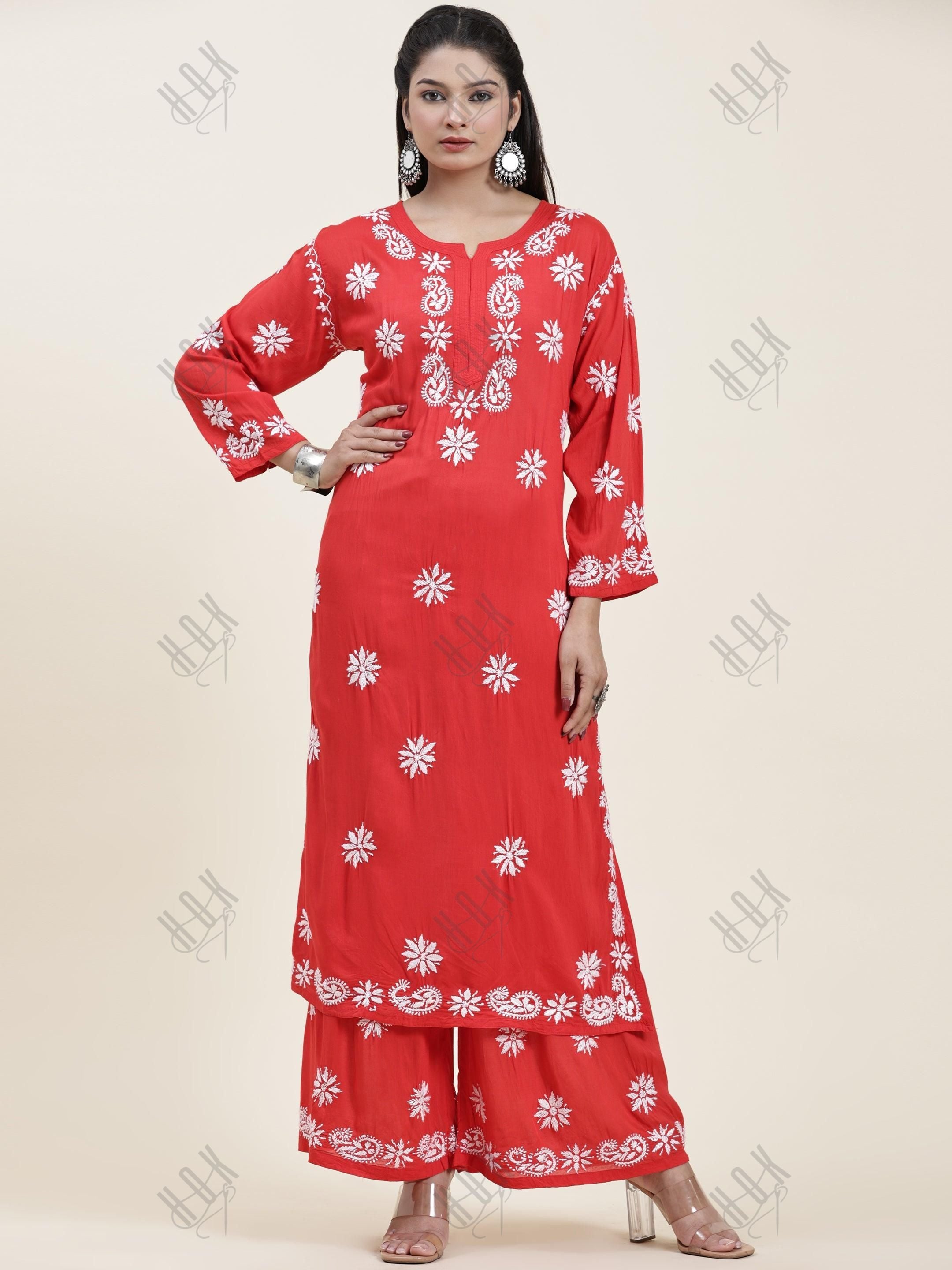 Samma Chikankari CO-ORD Set In Modal Cotton for Women In RED - House Of Kari (Chikankari Clothing)