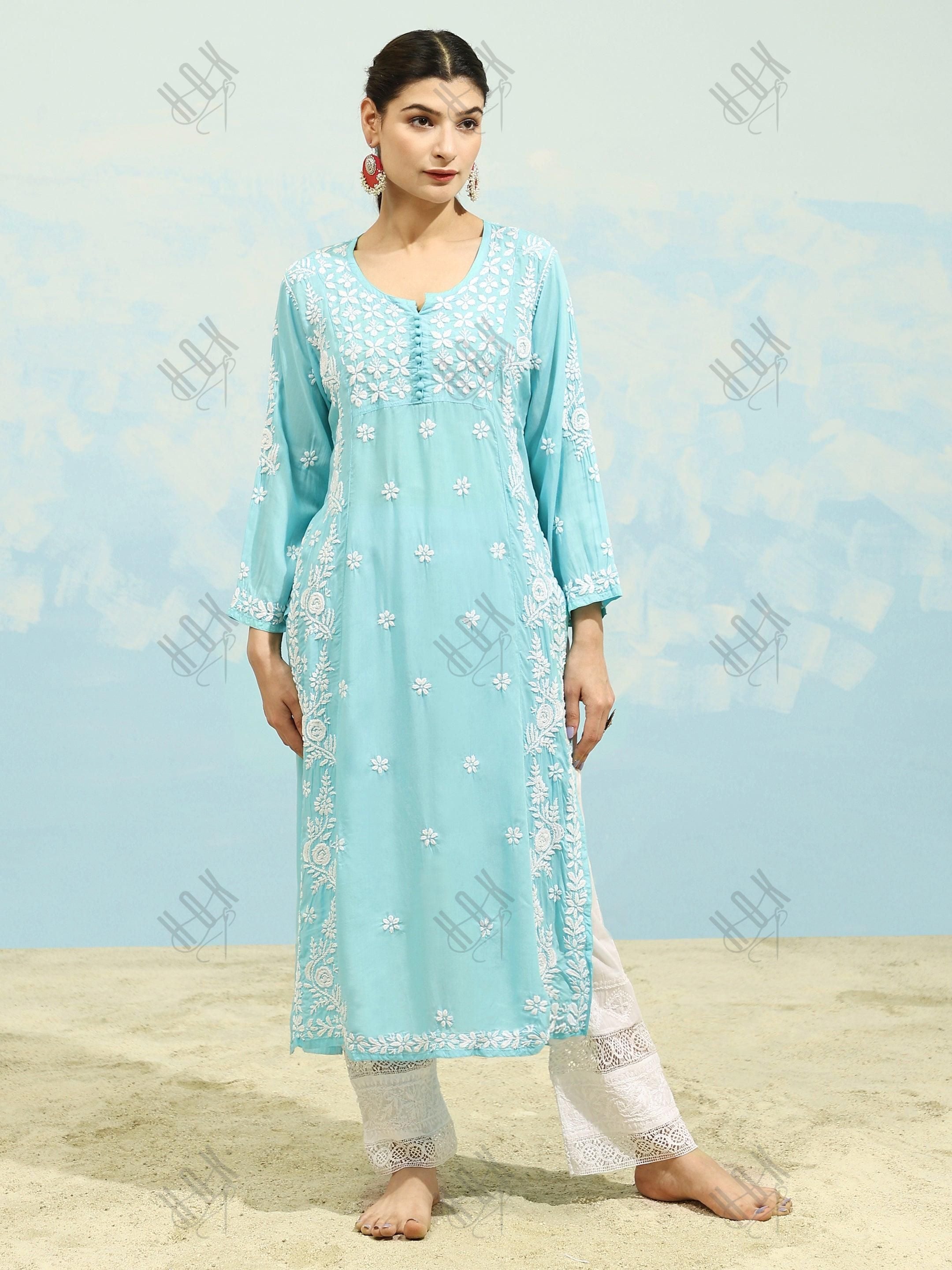 Samma Chikankari Long kurti In Modal Cotton for Women- Sea Green - House Of Kari (Chikankari Clothing)