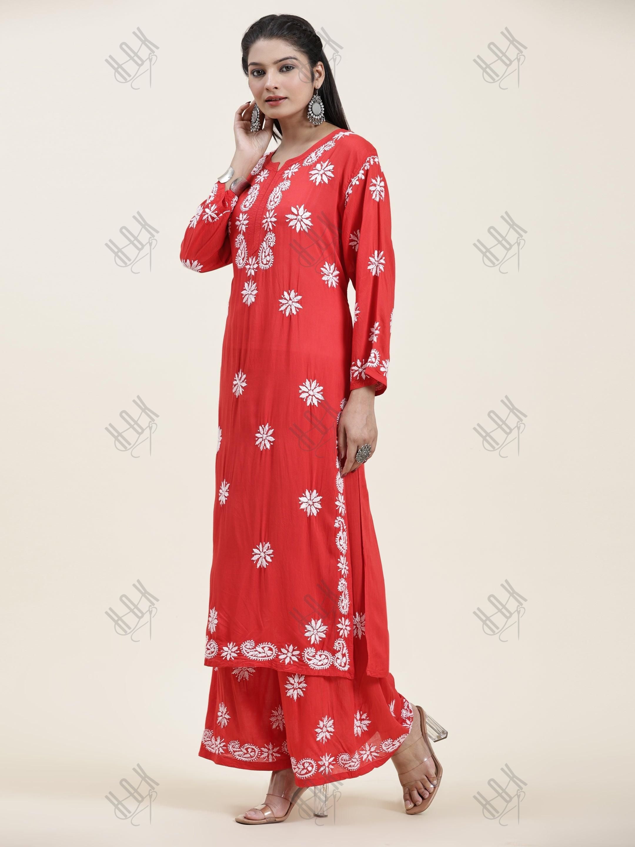 Samma Chikankari CO-ORD Set In Modal Cotton for Women In RED - House Of Kari (Chikankari Clothing)