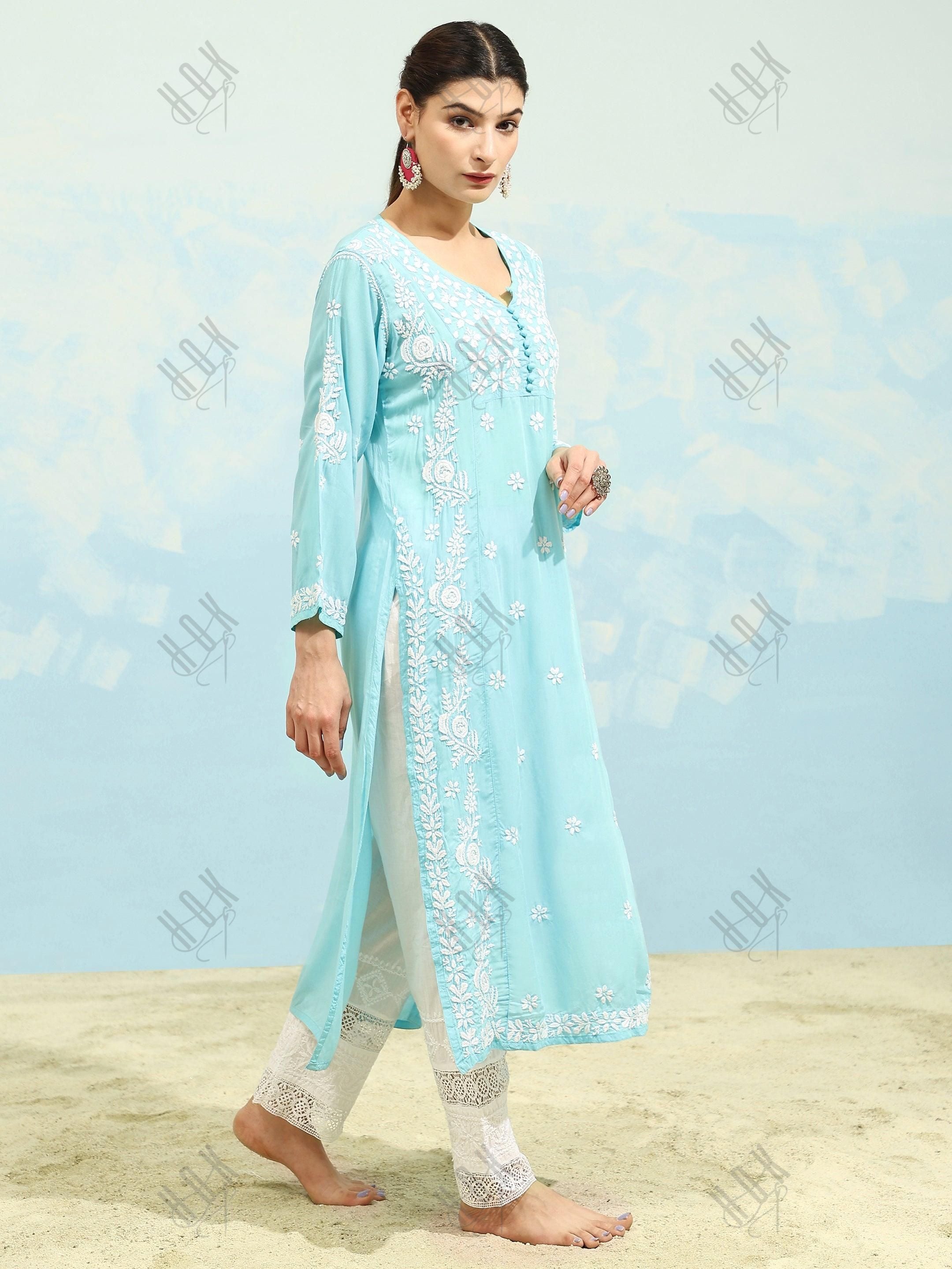 Samma Chikankari Long kurti In Modal Cotton for Women- Sea Green - House Of Kari (Chikankari Clothing)