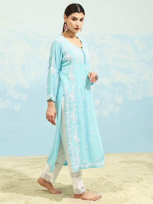 Samma Chikankari Long kurti In Modal Cotton for Women- Sea Green - House Of Kari (Chikankari Clothing)