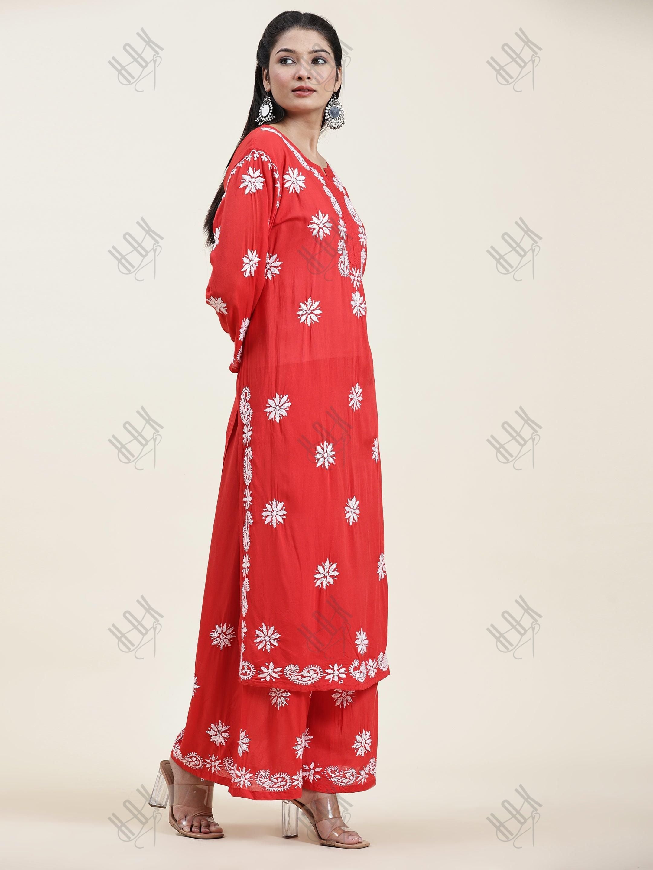 Samma Chikankari CO-ORD Set In Modal Cotton for Women In RED - House Of Kari (Chikankari Clothing)