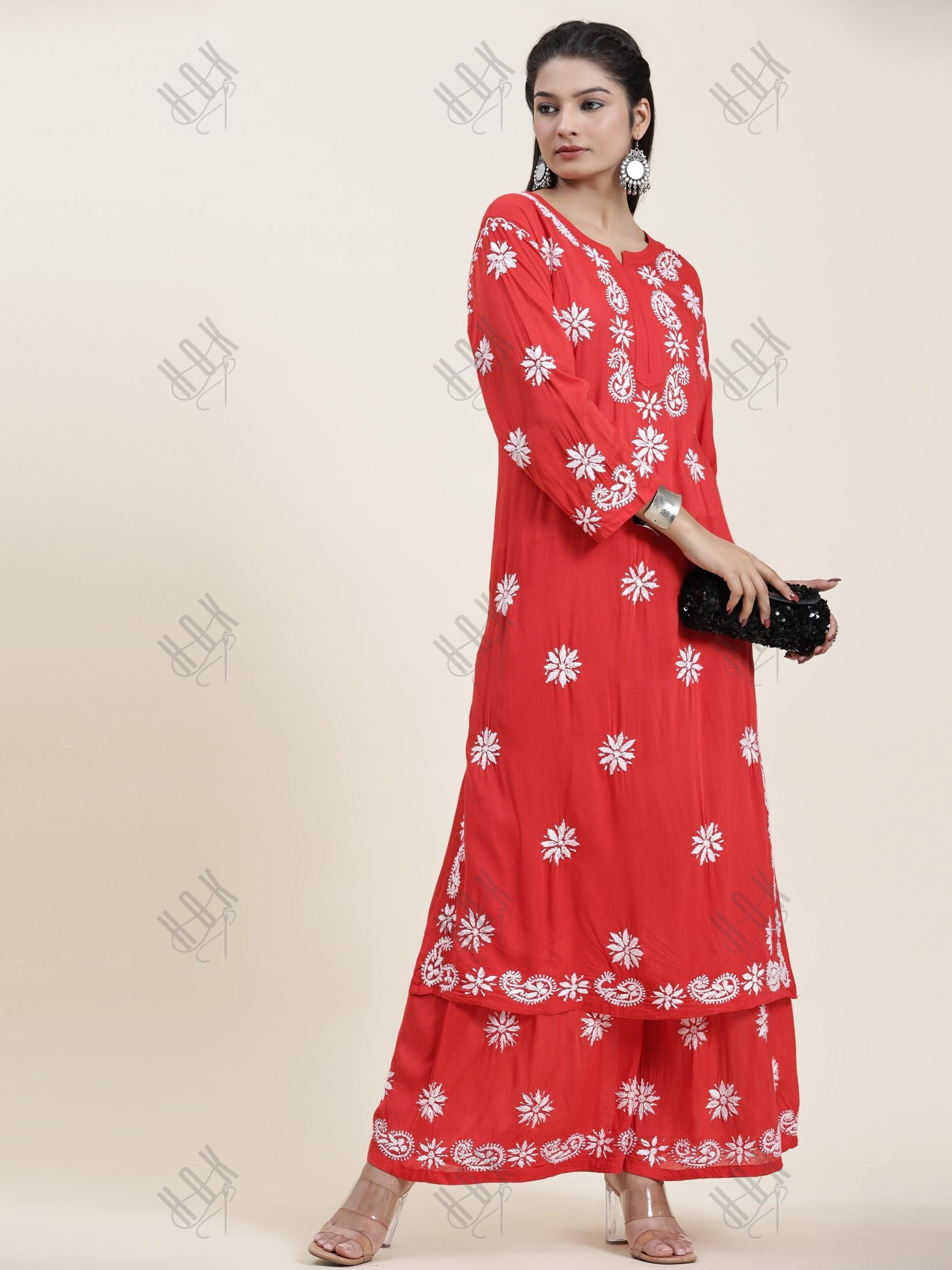 Samma Chikankari CO-ORD Set In Modal Cotton for Women In RED - House Of Kari (Chikankari Clothing)