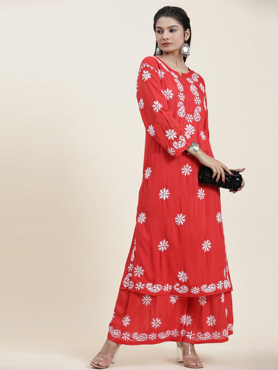 Load image into Gallery viewer, Samma Chikankari CO-ORD Set In Modal Cotton for Women In RED - House Of Kari (Chikankari Clothing)
