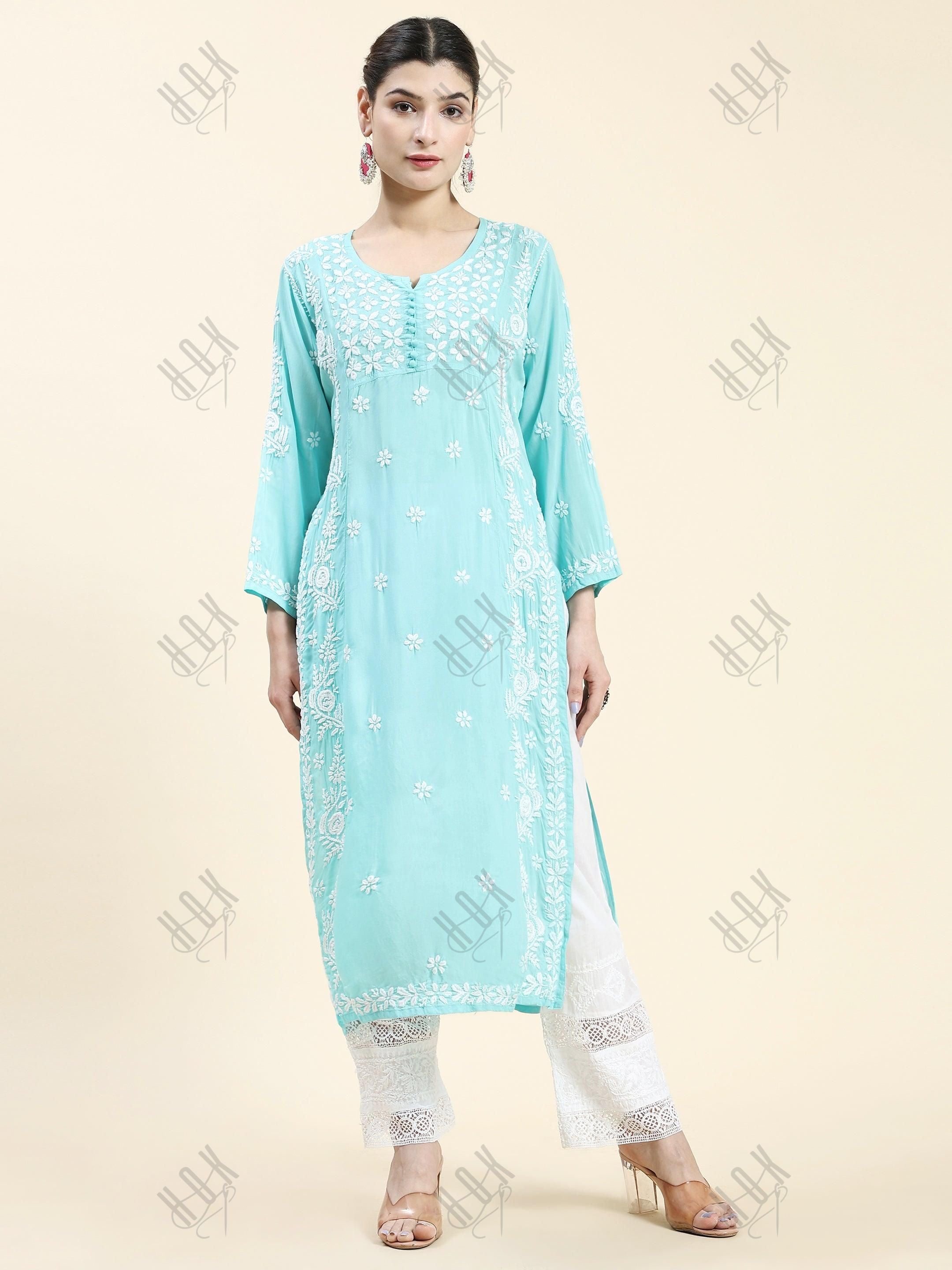 Samma Chikankari Long kurti In Modal Cotton for Women- Sea Green - House Of Kari (Chikankari Clothing)