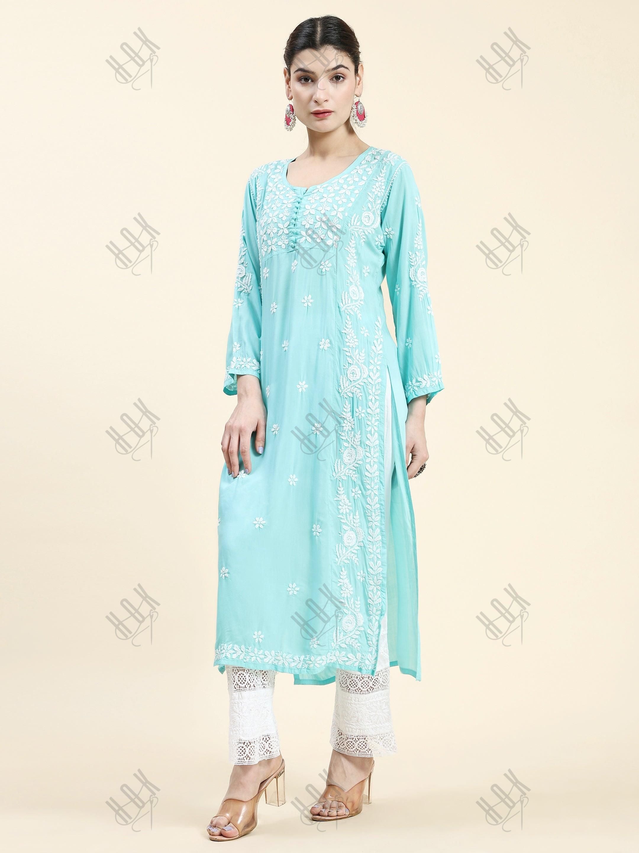 Samma Chikankari Long kurti In Modal Cotton for Women- Sea Green - House Of Kari (Chikankari Clothing)