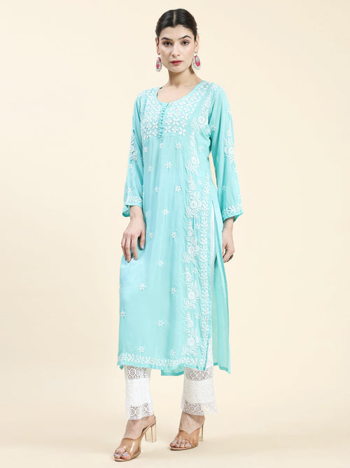 Load image into Gallery viewer, Samma Chikankari Long kurti In Modal Cotton for Women- Sea Green - House Of Kari (Chikankari Clothing)
