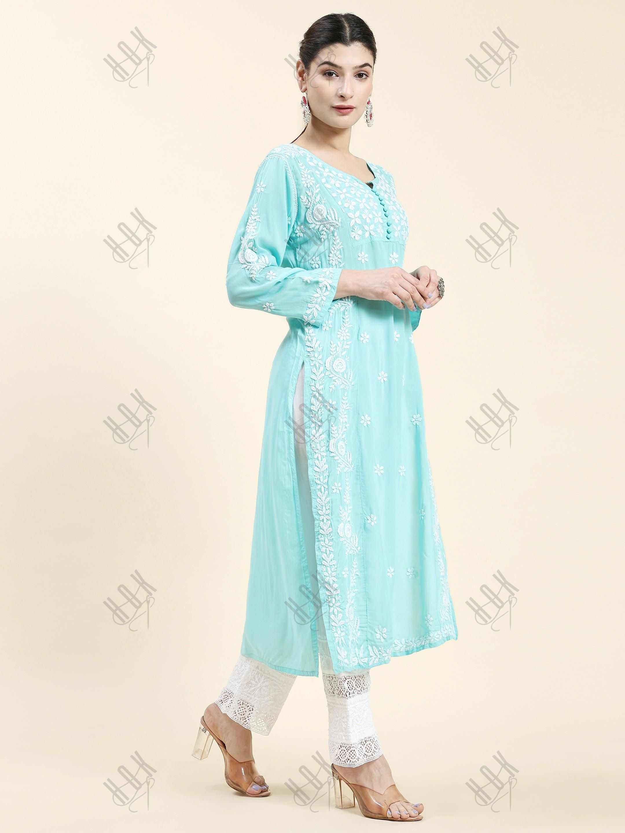 Samma Chikankari Long kurti In Modal Cotton for Women- Sea Green - House Of Kari (Chikankari Clothing)