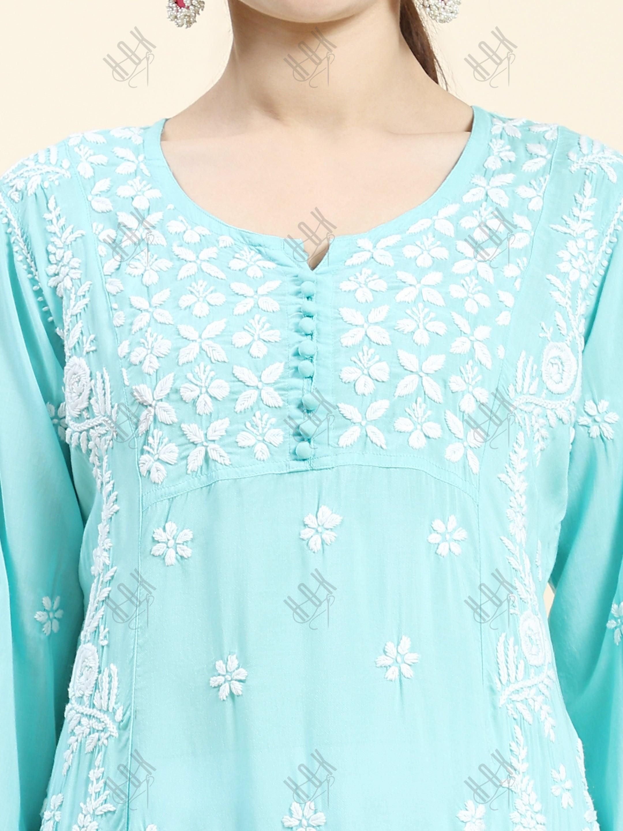 Samma Chikankari Long kurti In Modal Cotton for Women- Sea Green - House Of Kari (Chikankari Clothing)