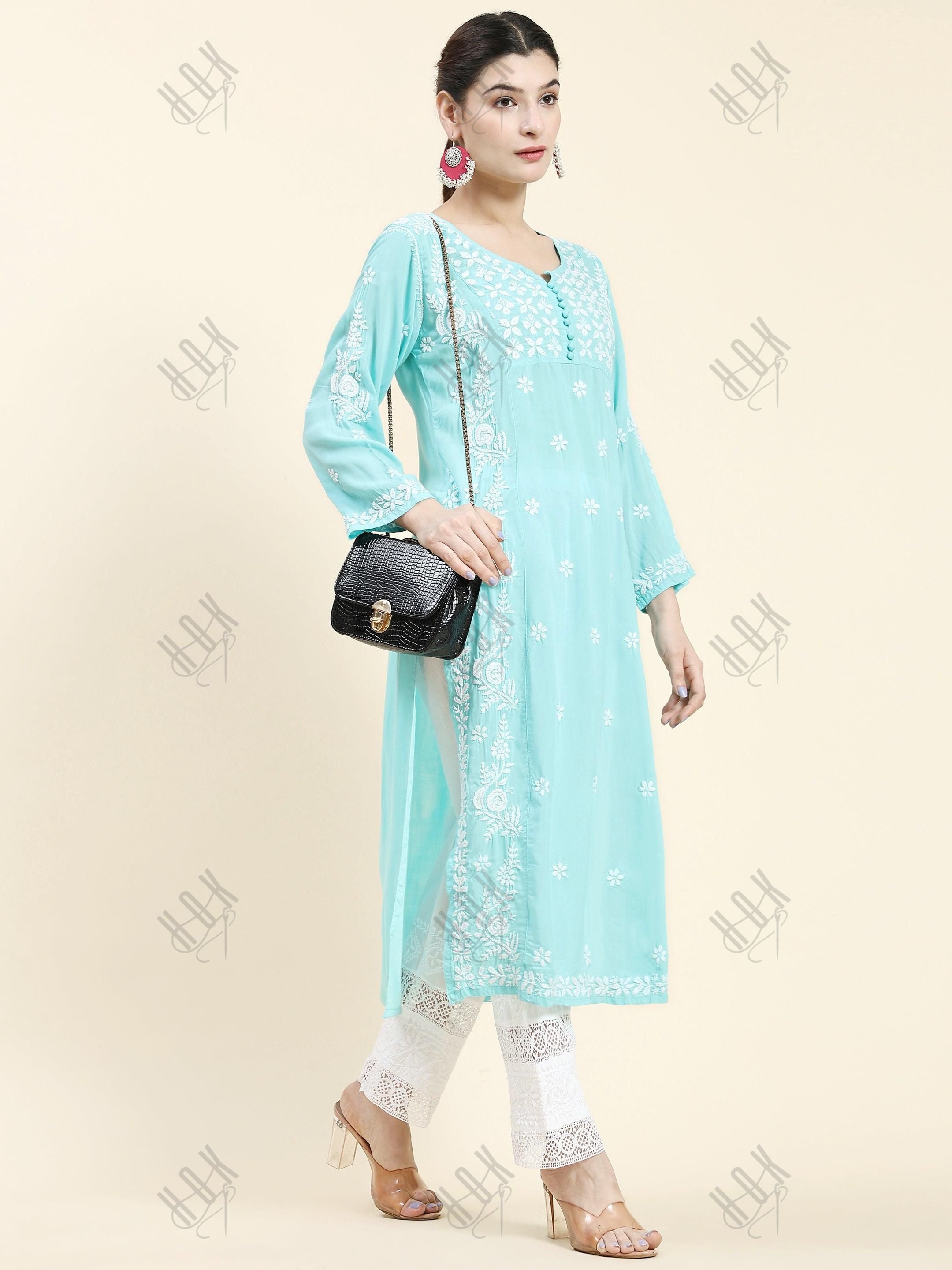 Samma Chikankari Long kurti In Modal Cotton for Women- Sea Green - House Of Kari (Chikankari Clothing)