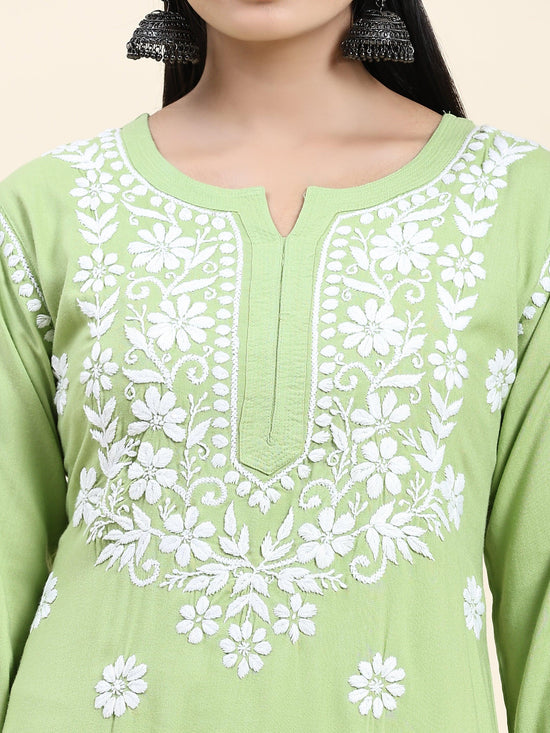 Samma Chikankari CO-ORD Set In Rayon Cotton for Women In Pista Green - House Of Kari (Chikankari Clothing)