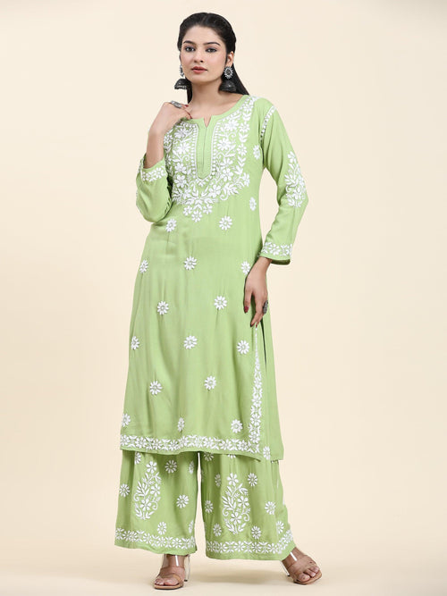 Load image into Gallery viewer, Samma Chikankari CO-ORD Set In Rayon Cotton for Women In Pista Green - House Of Kari (Chikankari Clothing)
