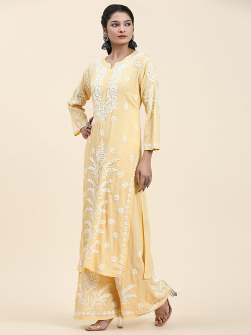 Samma Chikankari CO-ORD Set In Modal Cotton for Women In Yellow - House Of Kari (Chikankari Clothing)