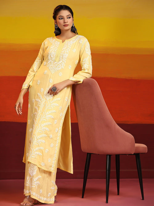 Fizaa Chikankari CO-ORD Set In Modal Cotton for Women In Yellow