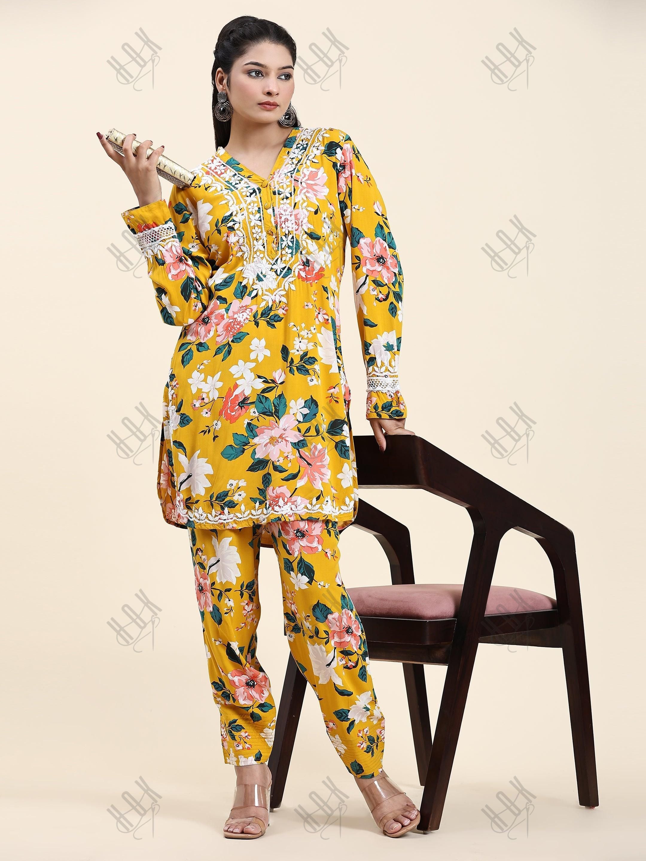 Samma Chikankari Co-ord set in Printed Rayon Cotton for Women- Yellow - House Of Kari (Chikankari Clothing)