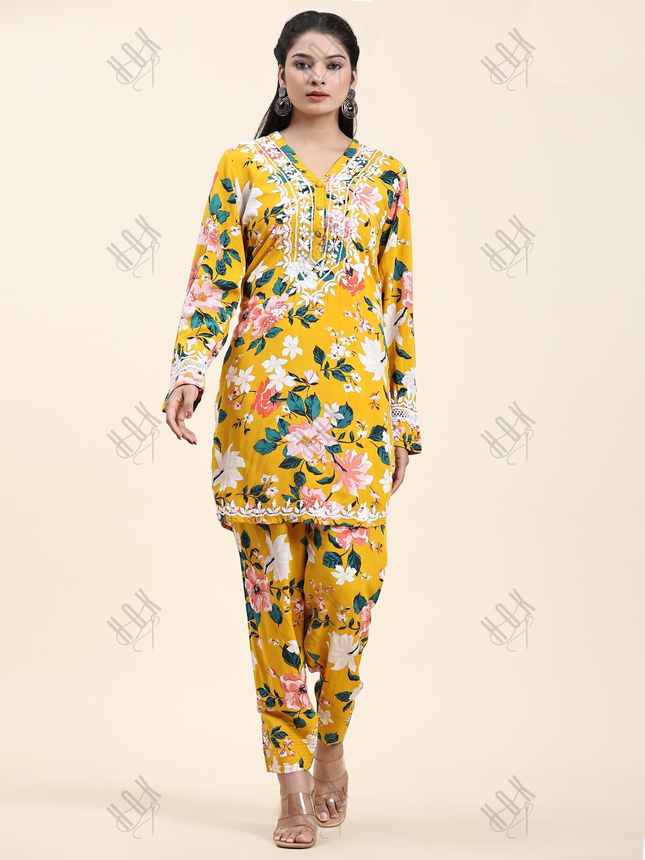 Samma Chikankari Co-ord set in Printed Rayon Cotton for Women- Yellow - House Of Kari (Chikankari Clothing)