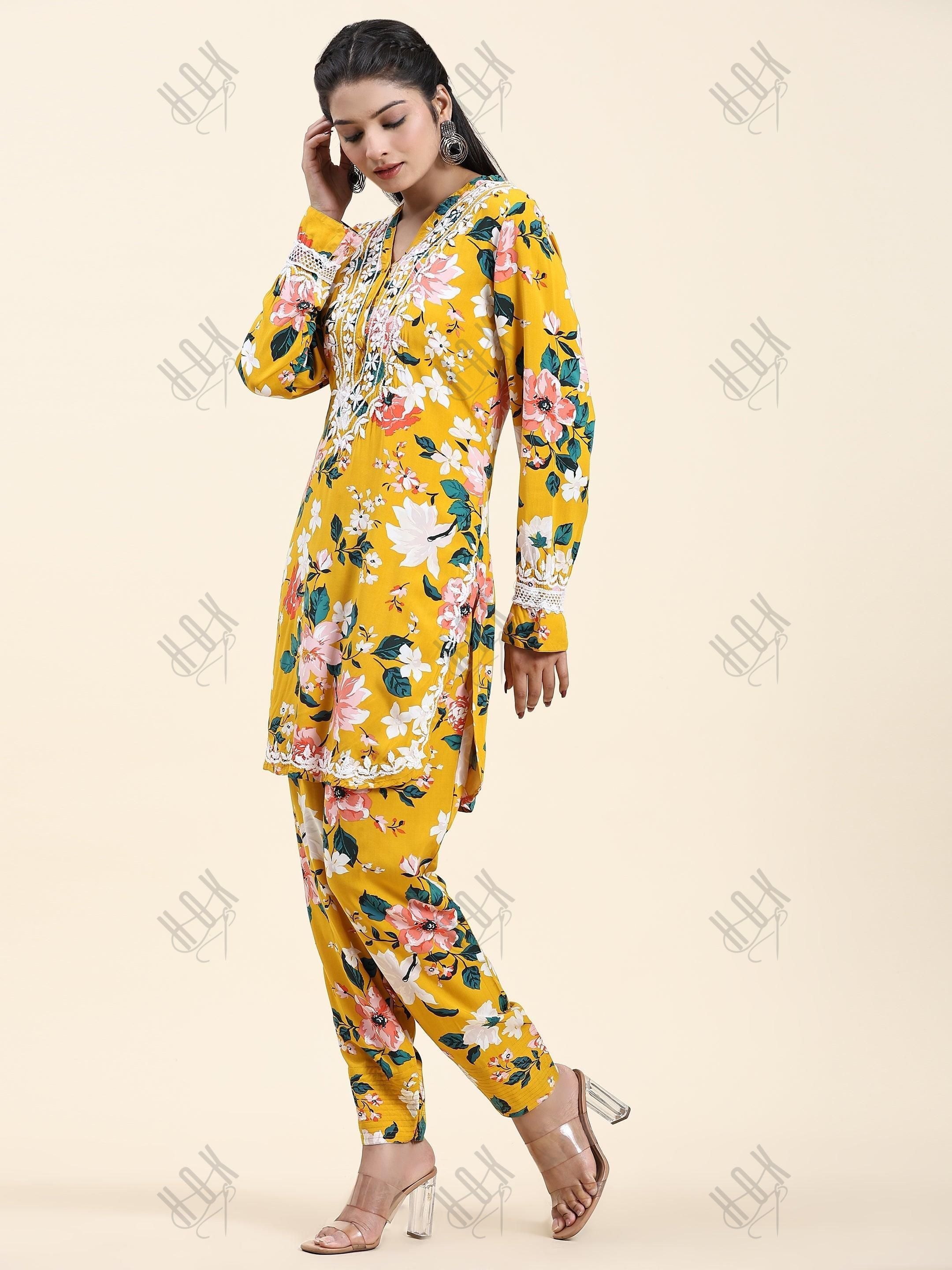 Farheen in Samma Chikankari Co-ord set in Printed Rayon Cotton for Women- Yellow - House Of Kari (Chikankari Clothing)