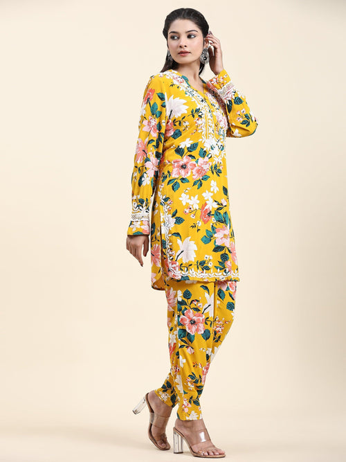 Farheen in Samma Chikankari Co-ord set in Printed Rayon Cotton for Women- Yellow - House Of Kari (Chikankari Clothing)