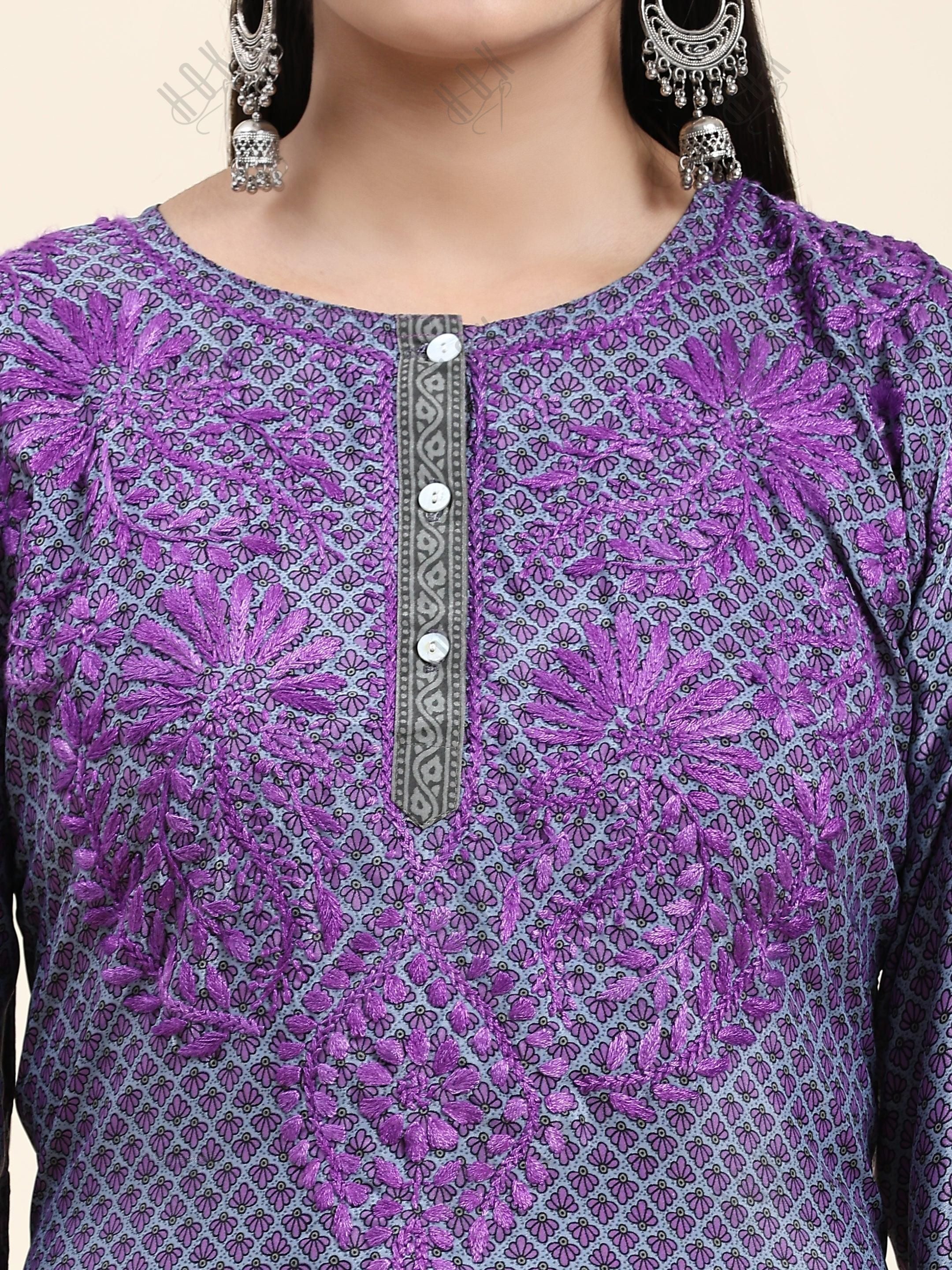 Samma Chikankari Co-ord Set in Polysilk for Women- Purple - House Of Kari (Chikankari Clothing)