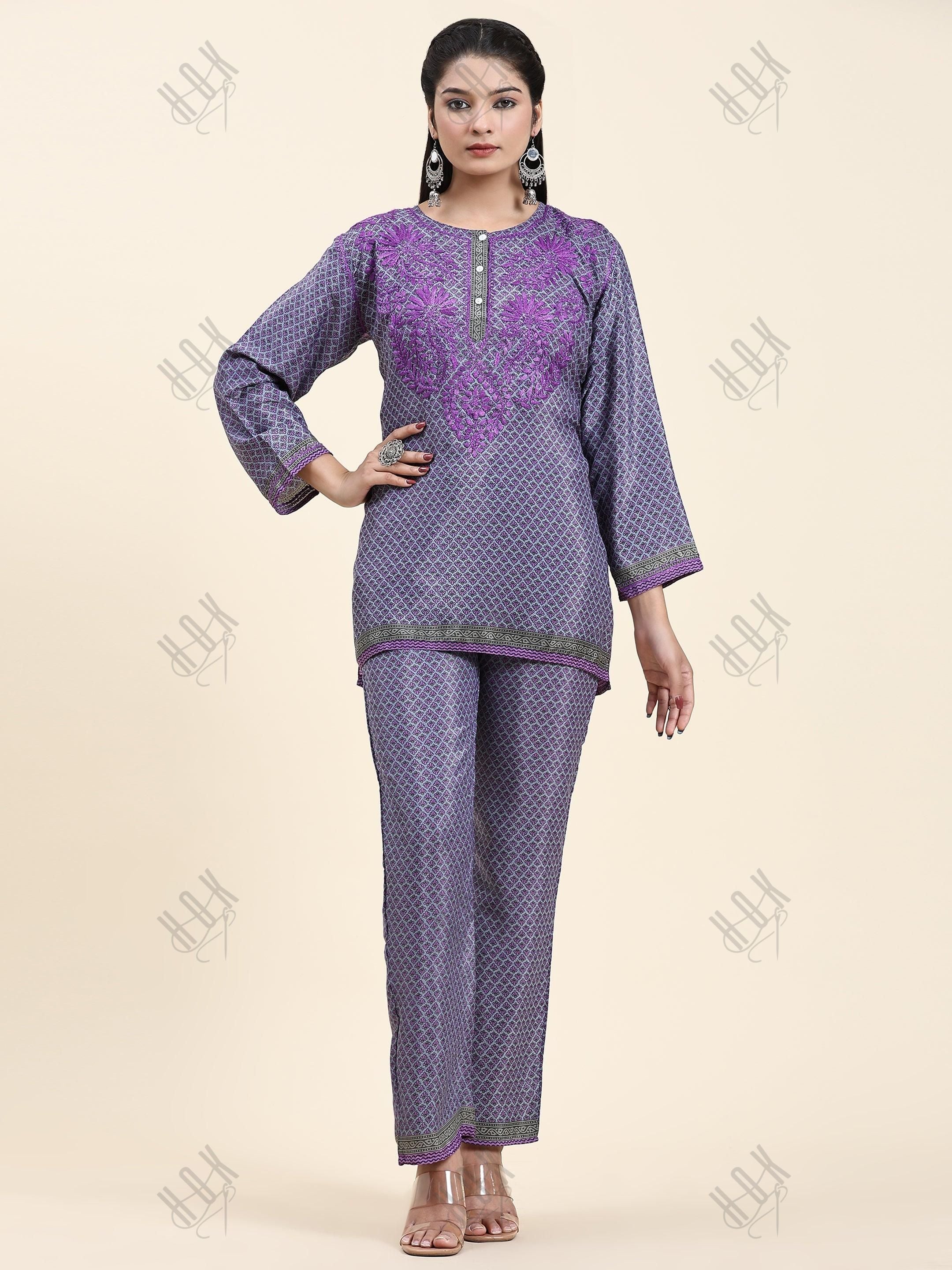 Samma Chikankari Co-ord Set in Polysilk for Women- Purple - House Of Kari (Chikankari Clothing)