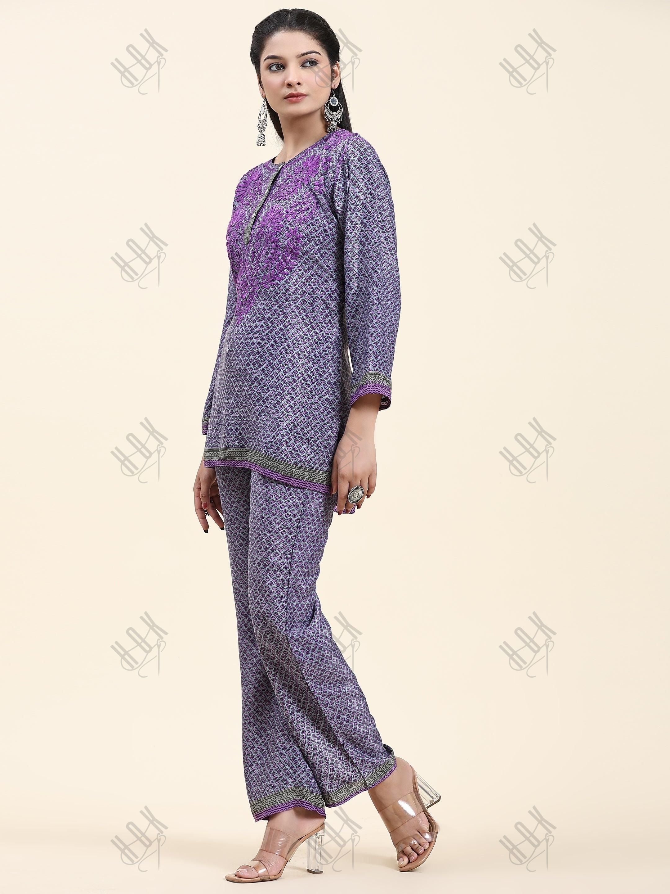 Samma Chikankari Co-ord Set in Polysilk for Women- Purple - House Of Kari (Chikankari Clothing)