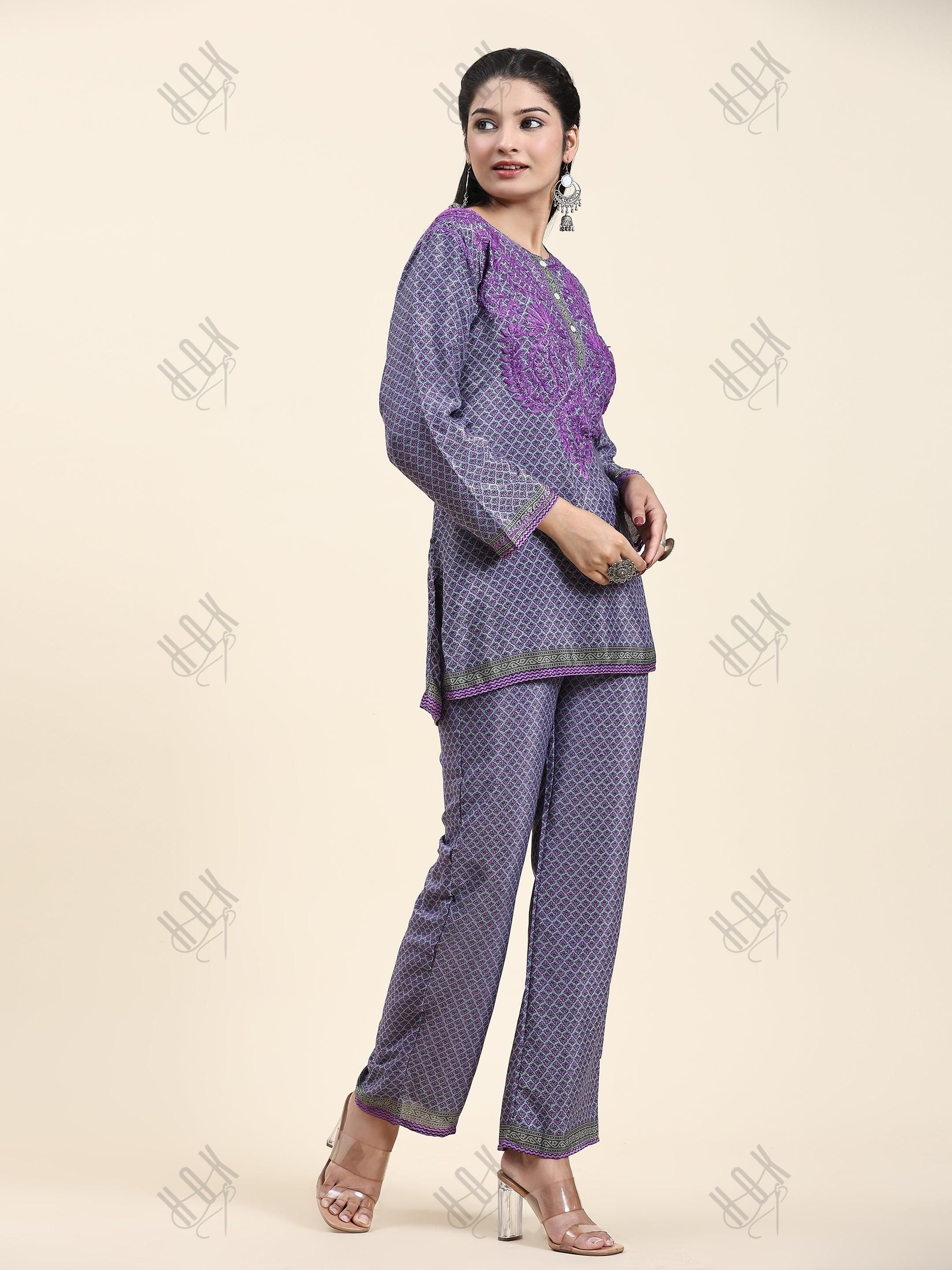 Samma Chikankari Co-ord Set in Polysilk for Women- Purple - House Of Kari (Chikankari Clothing)