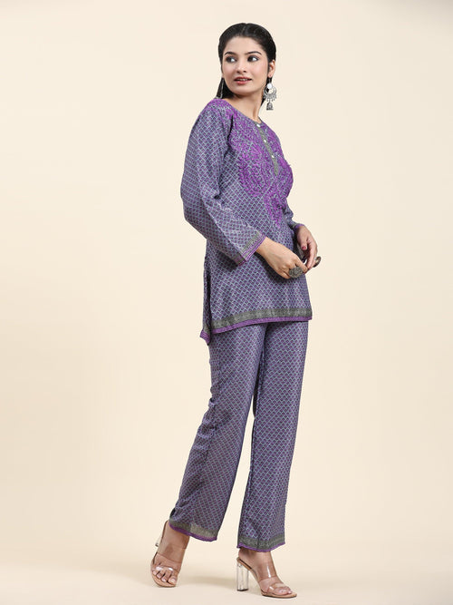 Load image into Gallery viewer, Samma Chikankari Co-ord Set in Polysilk for Women- Purple - House Of Kari (Chikankari Clothing)
