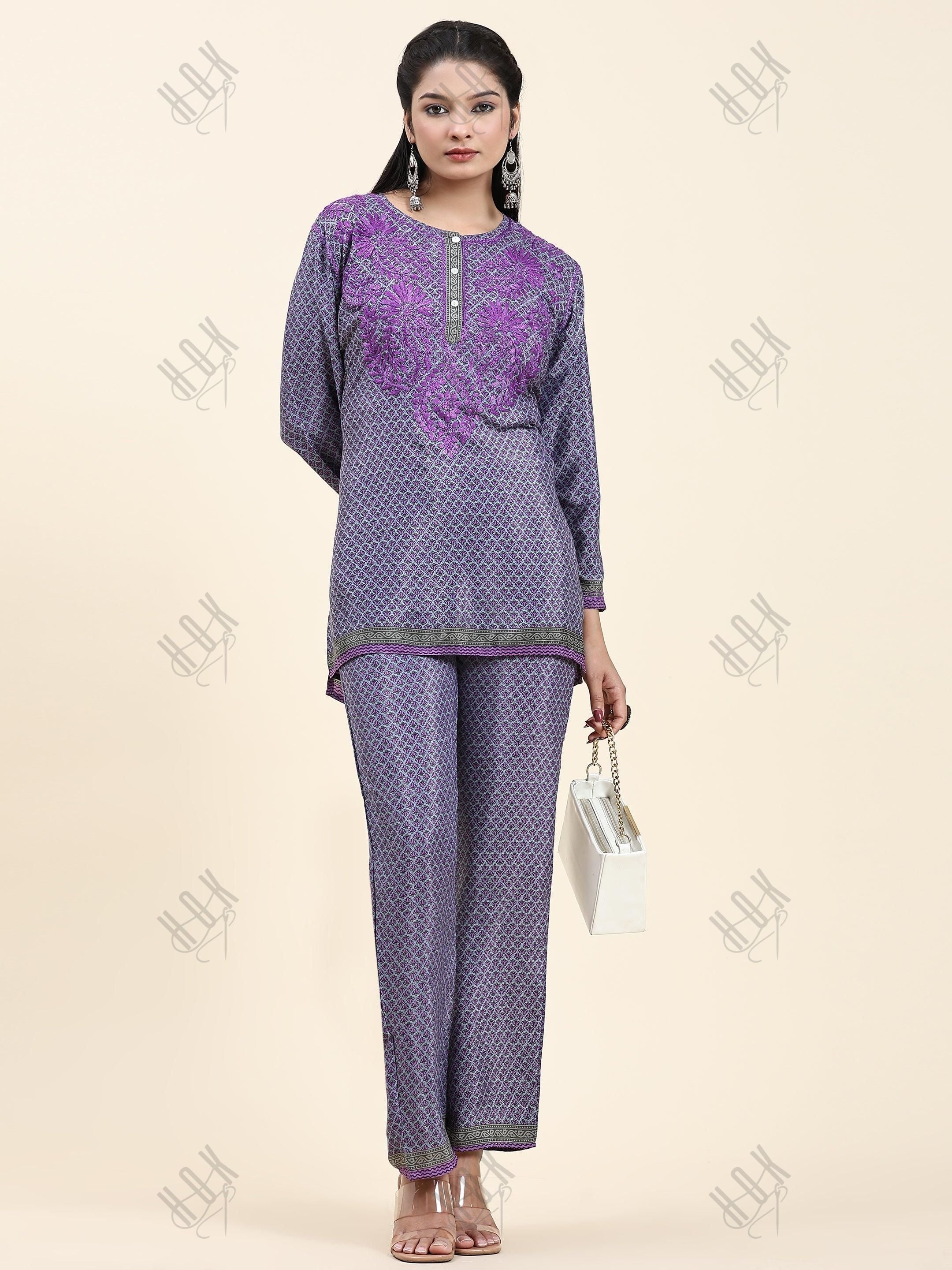 Samma Chikankari Co-ord Set in Polysilk for Women- Purple - House Of Kari (Chikankari Clothing)