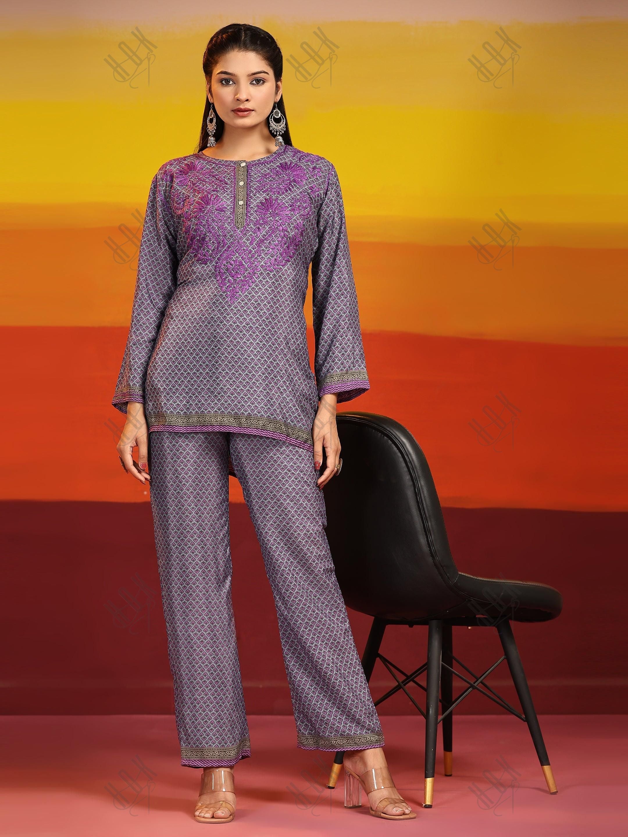 Samma Chikankari Co-ord Set in Polysilk for Women- Purple - House Of Kari (Chikankari Clothing)