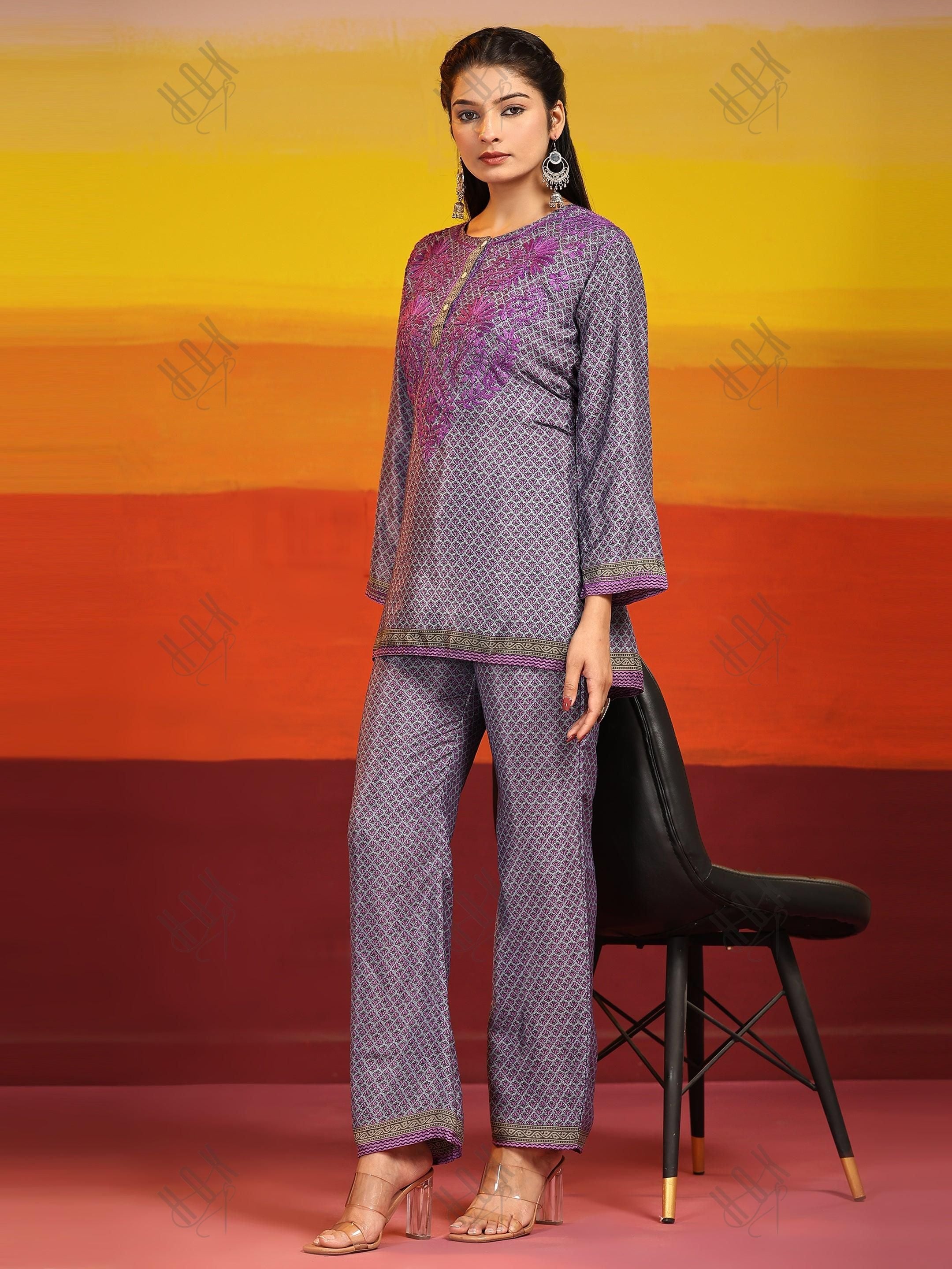 Samma Chikankari Co-ord Set in Polysilk for Women- Purple - House Of Kari (Chikankari Clothing)