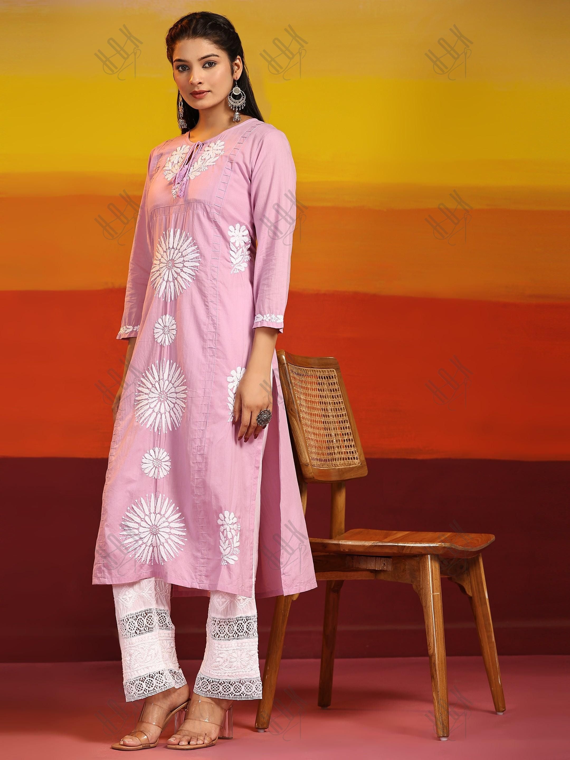 Samma Chikankari Long Kurti In Cotton for Women- Lavender - House Of Kari (Chikankari Clothing)