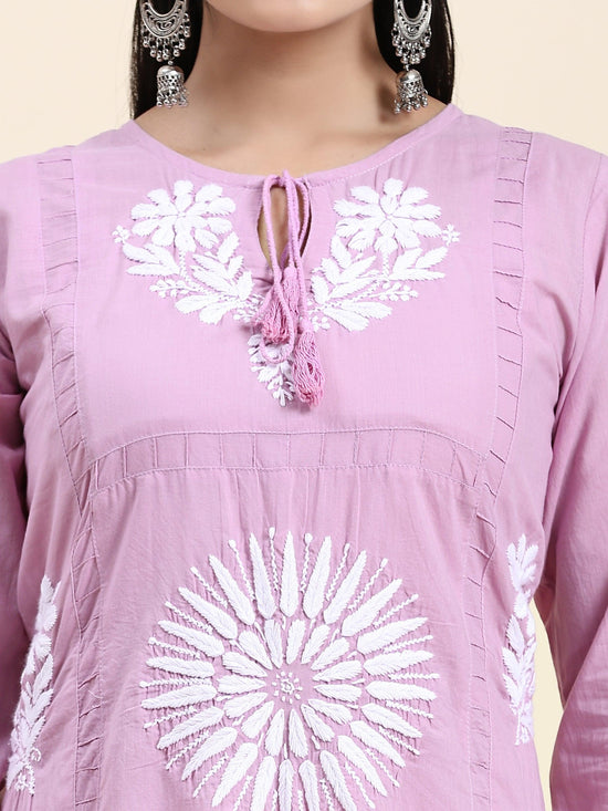 Samma Chikankari Long Kurti In Cotton for Women- Lavender - House Of Kari (Chikankari Clothing)