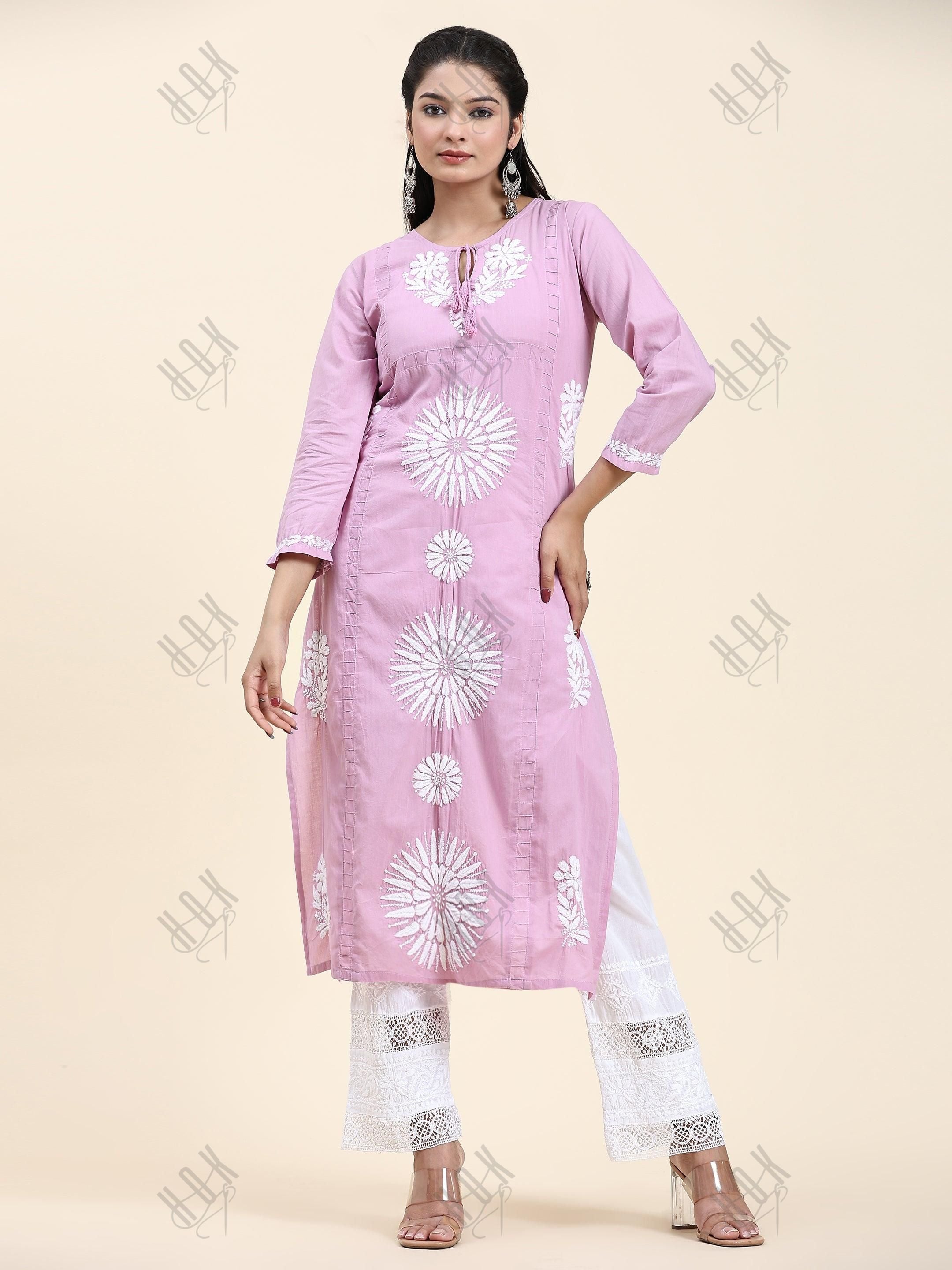 Samma Chikankari Long Kurti In Cotton for Women- Lavender - House Of Kari (Chikankari Clothing)