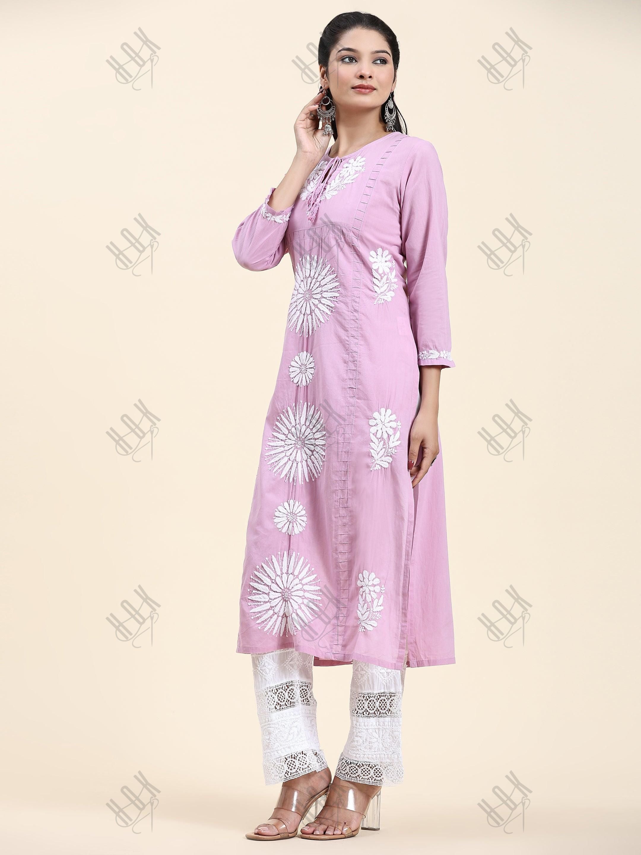 Samma Chikankari Long Kurti In Cotton for Women- Lavender - House Of Kari (Chikankari Clothing)